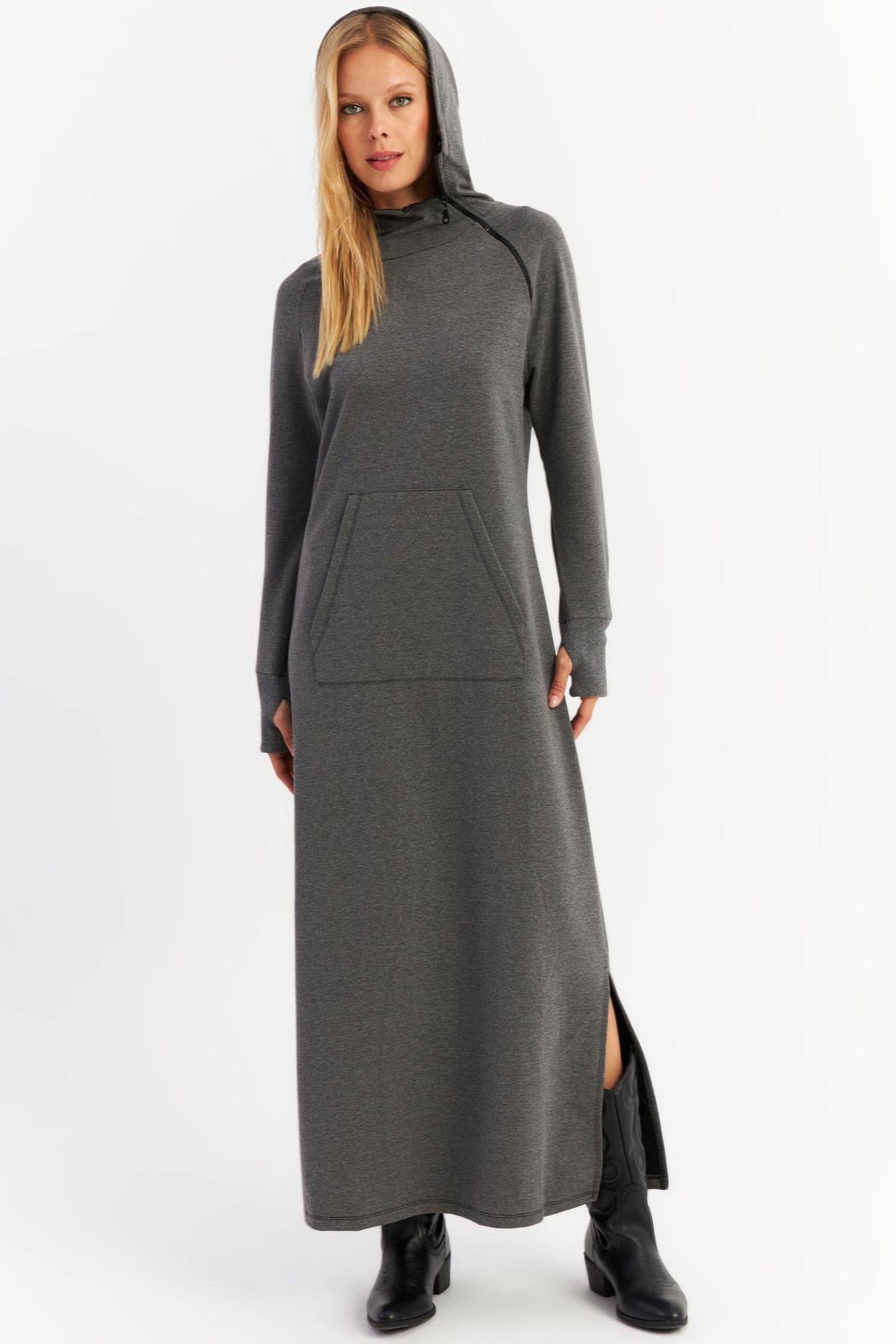 Kadın Camel Yakası Fermuarlı Maxi Sweat Elbise TF12