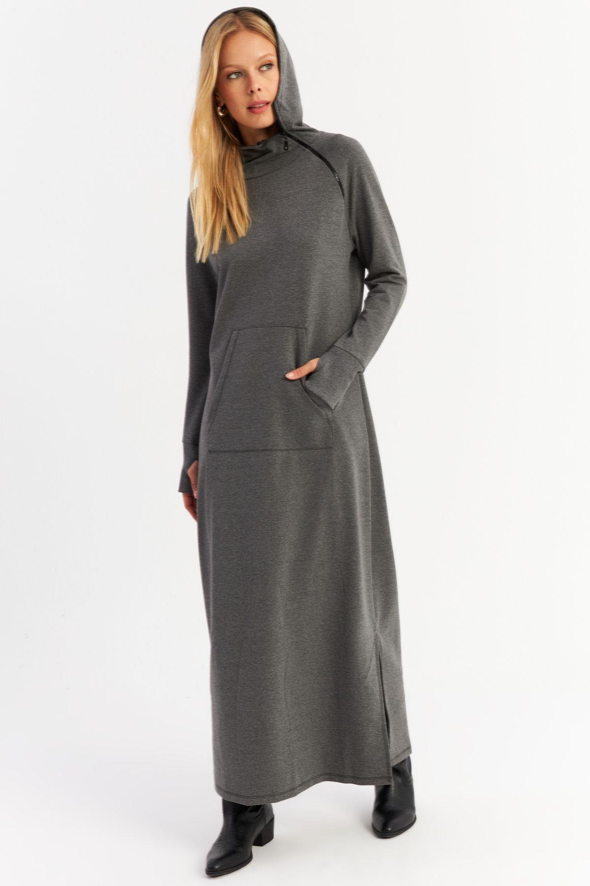 Kadın Camel Yakası Fermuarlı Maxi Sweat Elbise TF12
