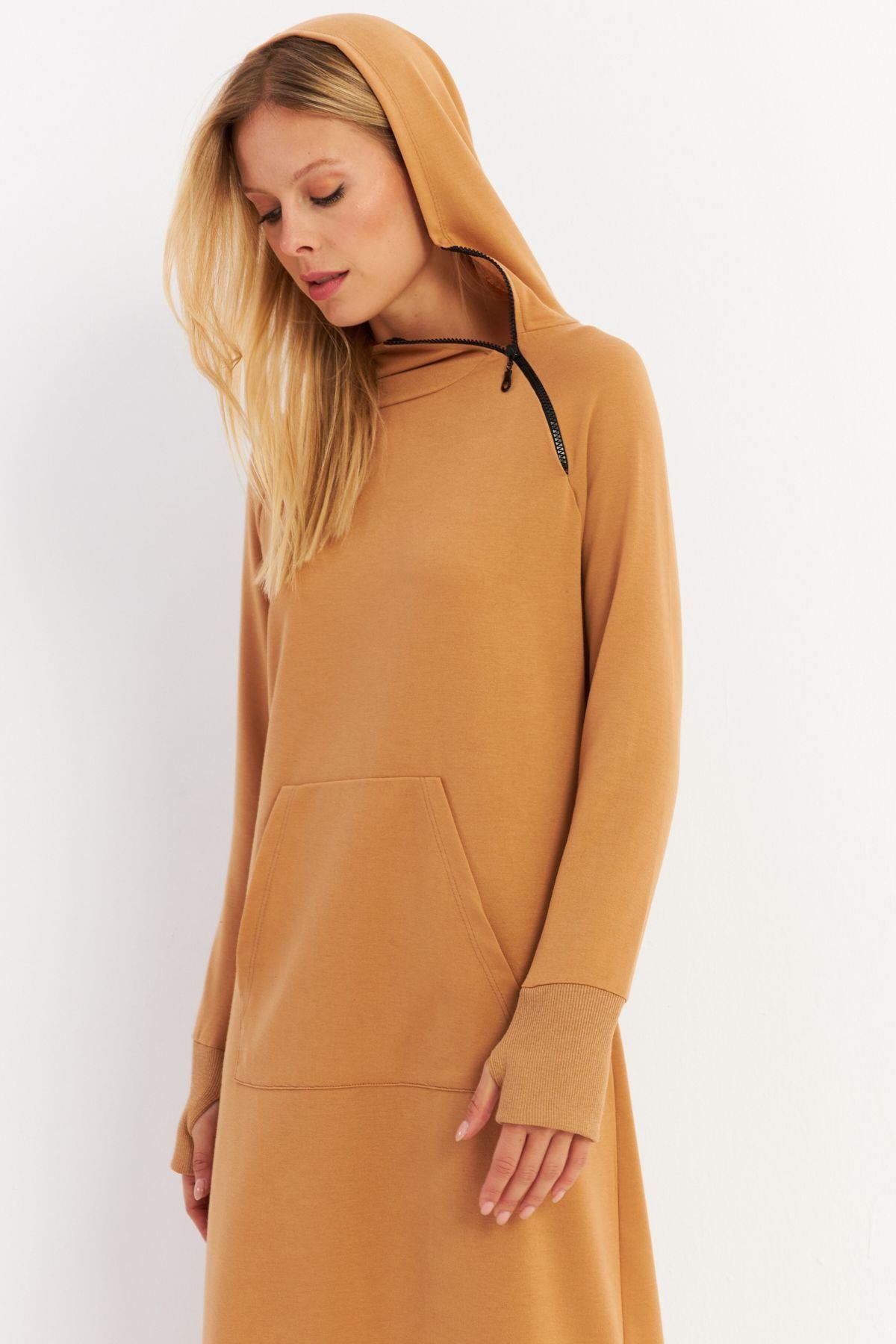 Kadın Camel Yakası Fermuarlı Maxi Sweat Elbise TF12