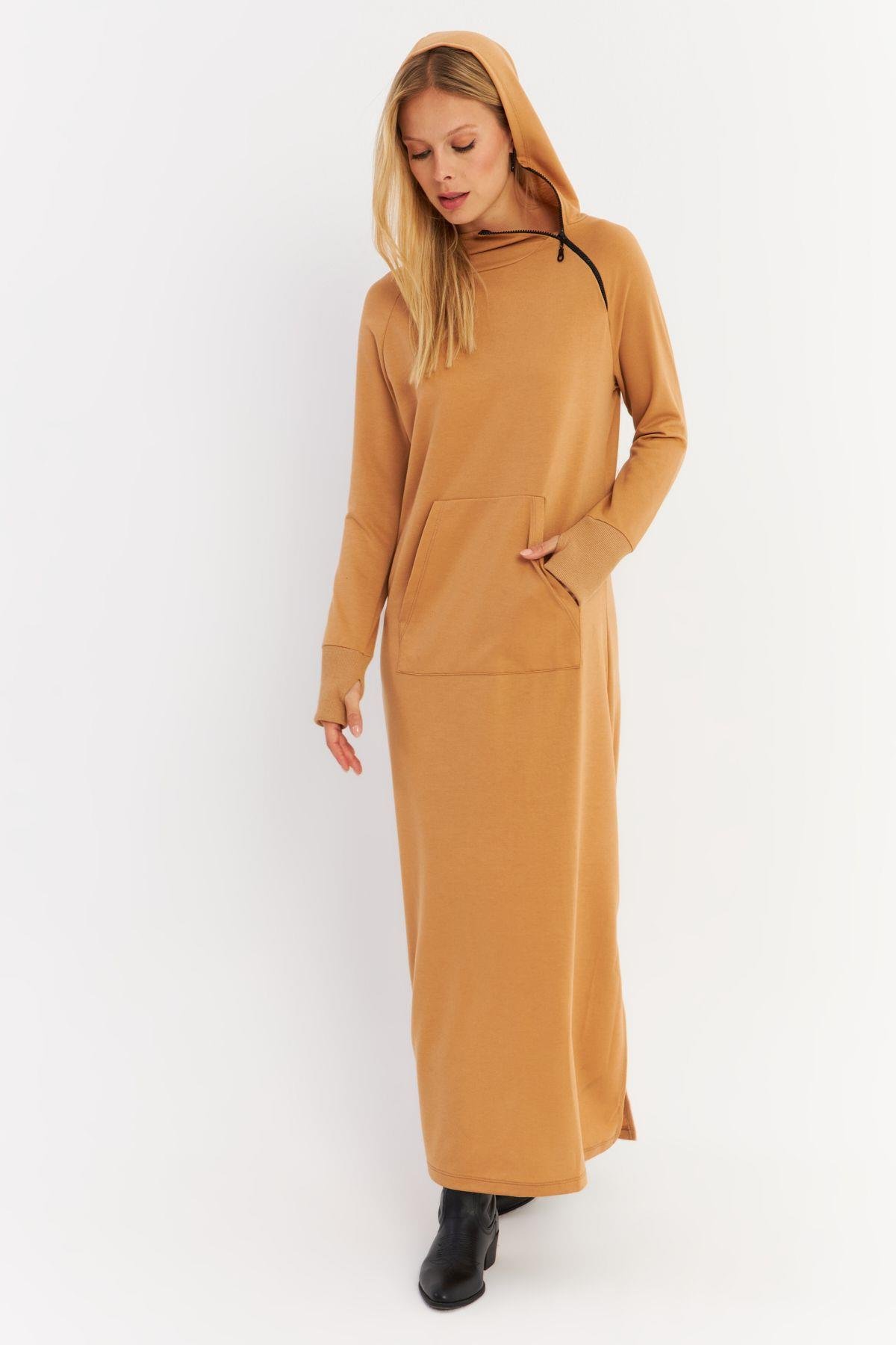Kadın Camel Yakası Fermuarlı Maxi Sweat Elbise TF12
