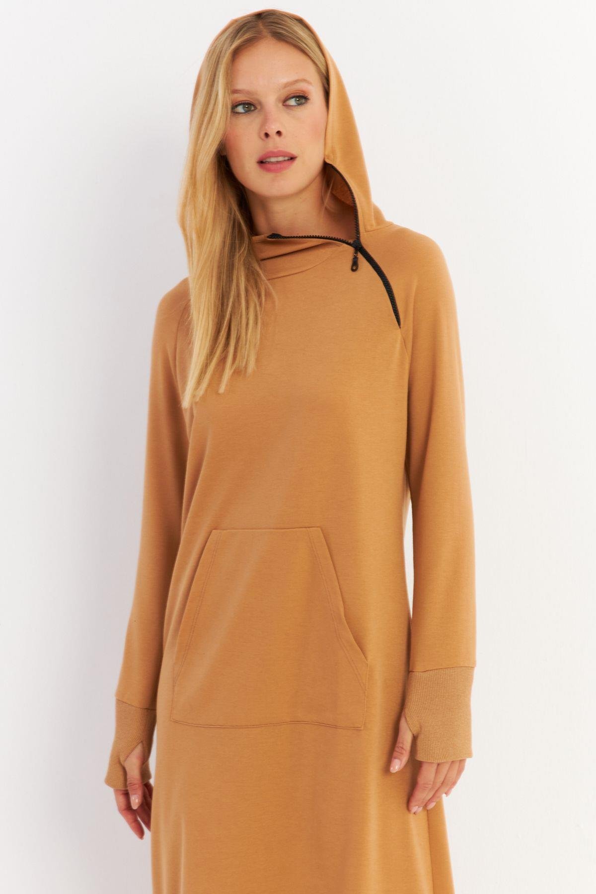 Kadın Camel Yakası Fermuarlı Maxi Sweat Elbise TF12