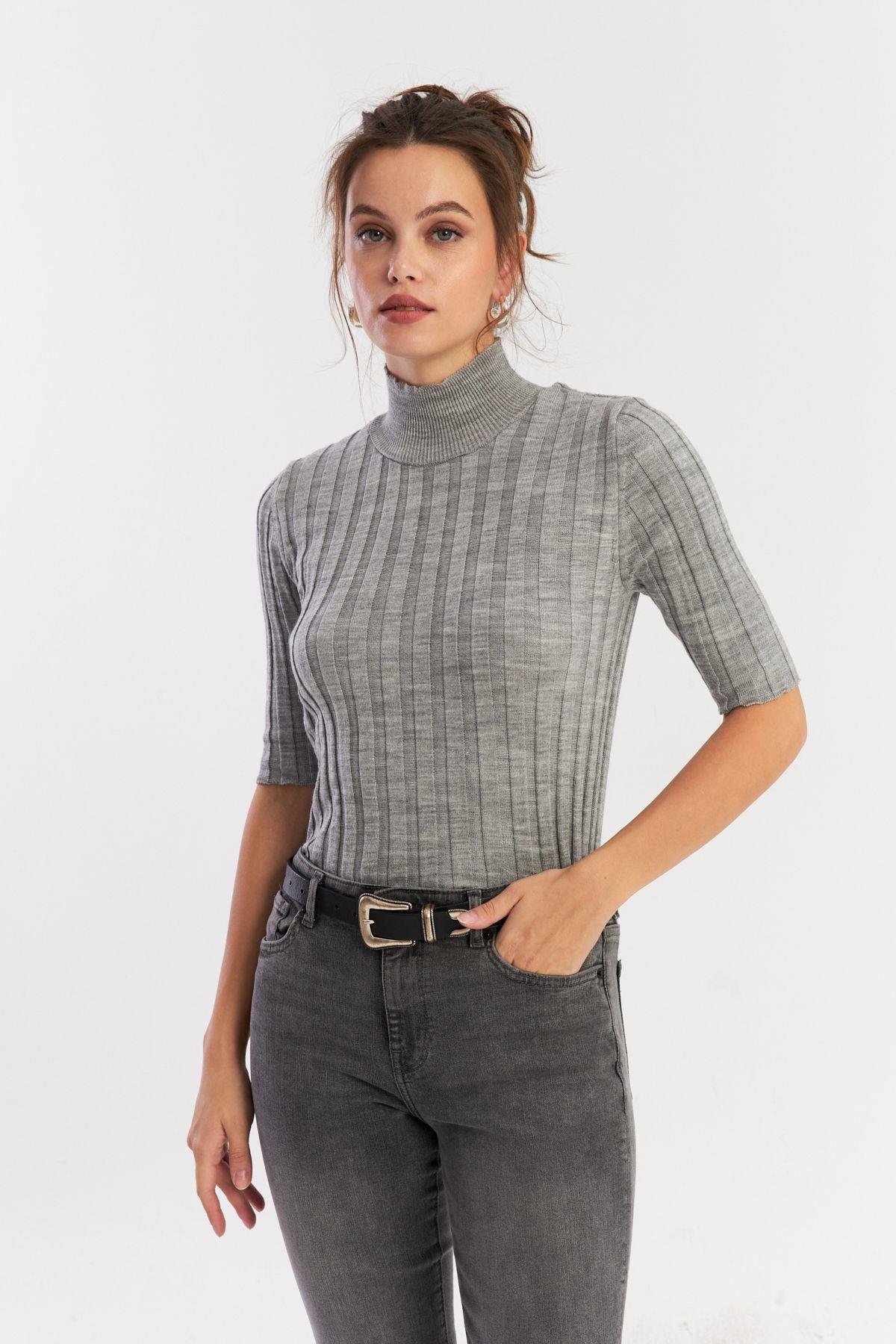 Kadın Camel Yarım Balıkçı Triko Bluz YV287