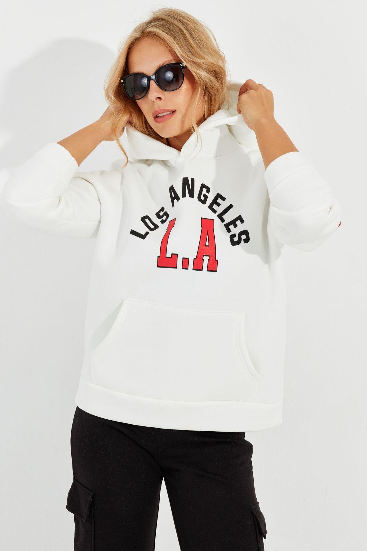 Kadın Ekru Baskılı Kapüşonlu Sweatshirt DA146