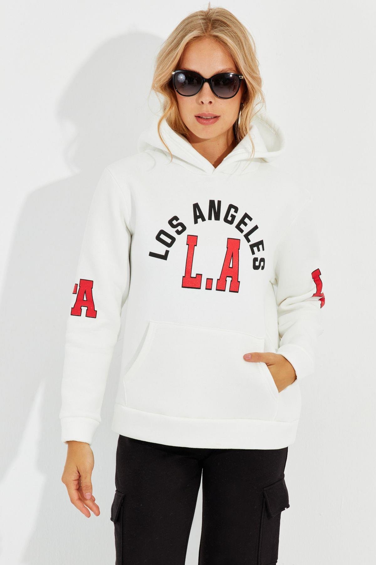 Kadın Ekru Baskılı Kapüşonlu Sweatshirt DA146