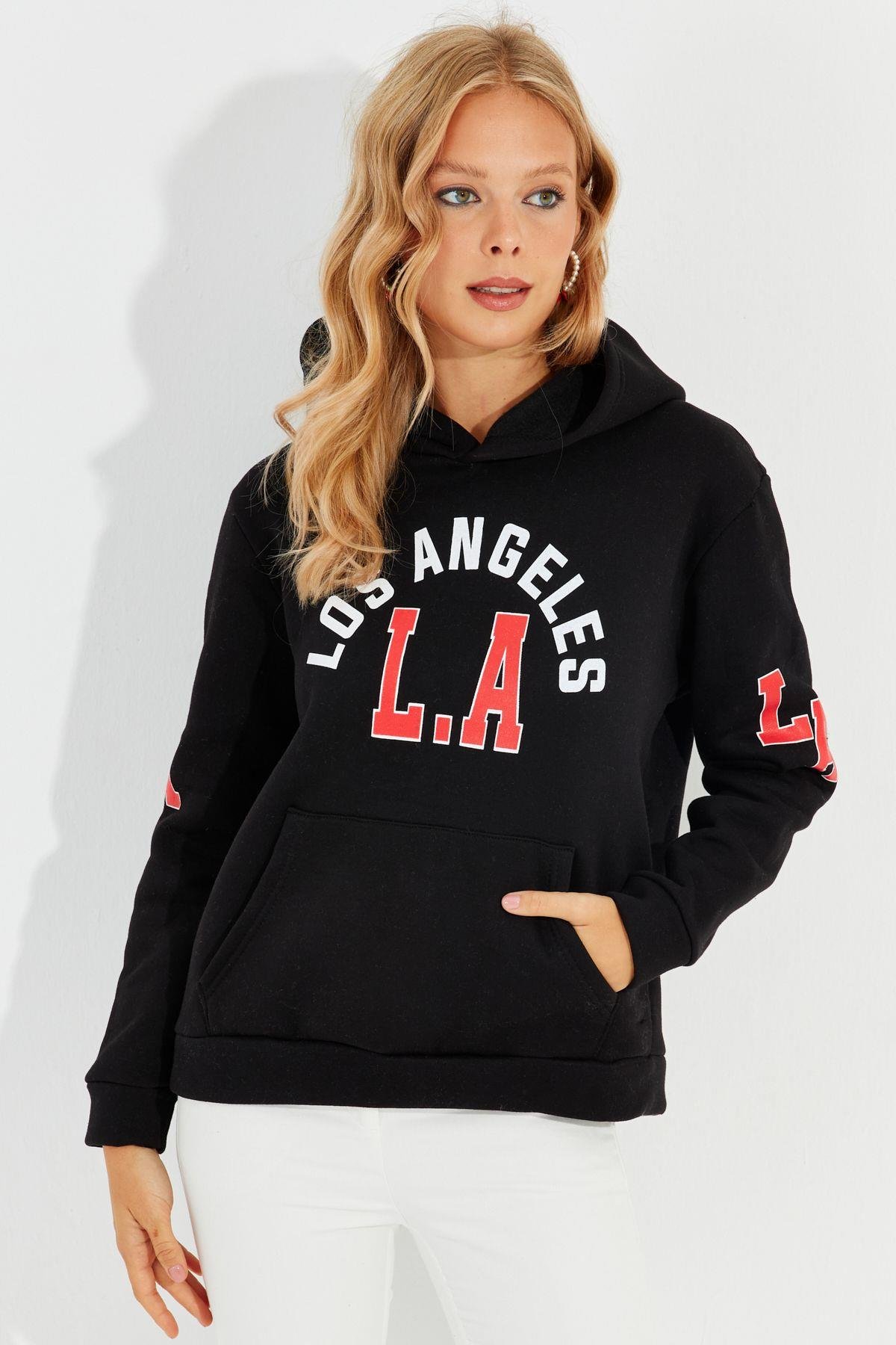 Kadın Ekru Baskılı Kapüşonlu Sweatshirt DA146