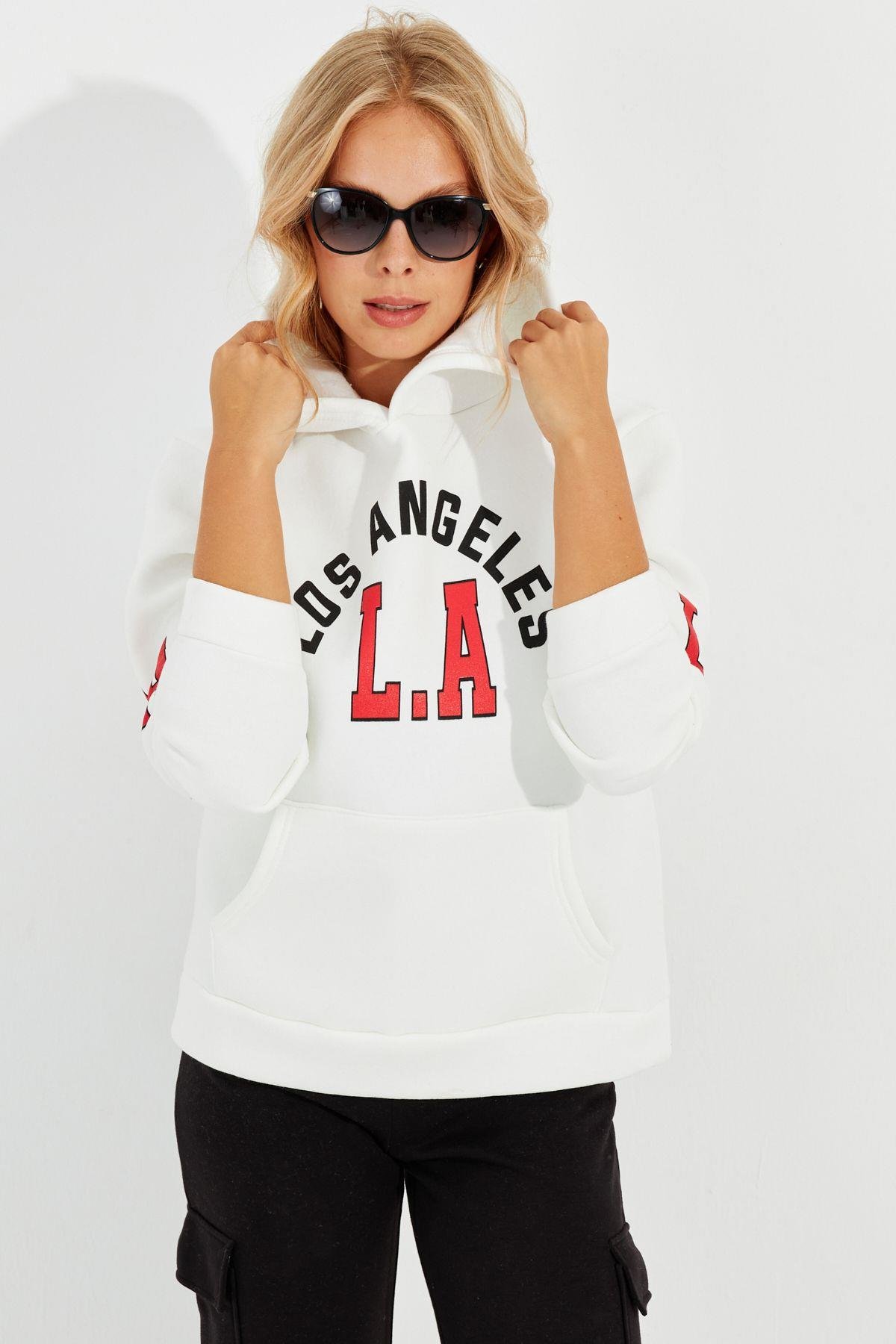Kadın Ekru Baskılı Kapüşonlu Sweatshirt DA146