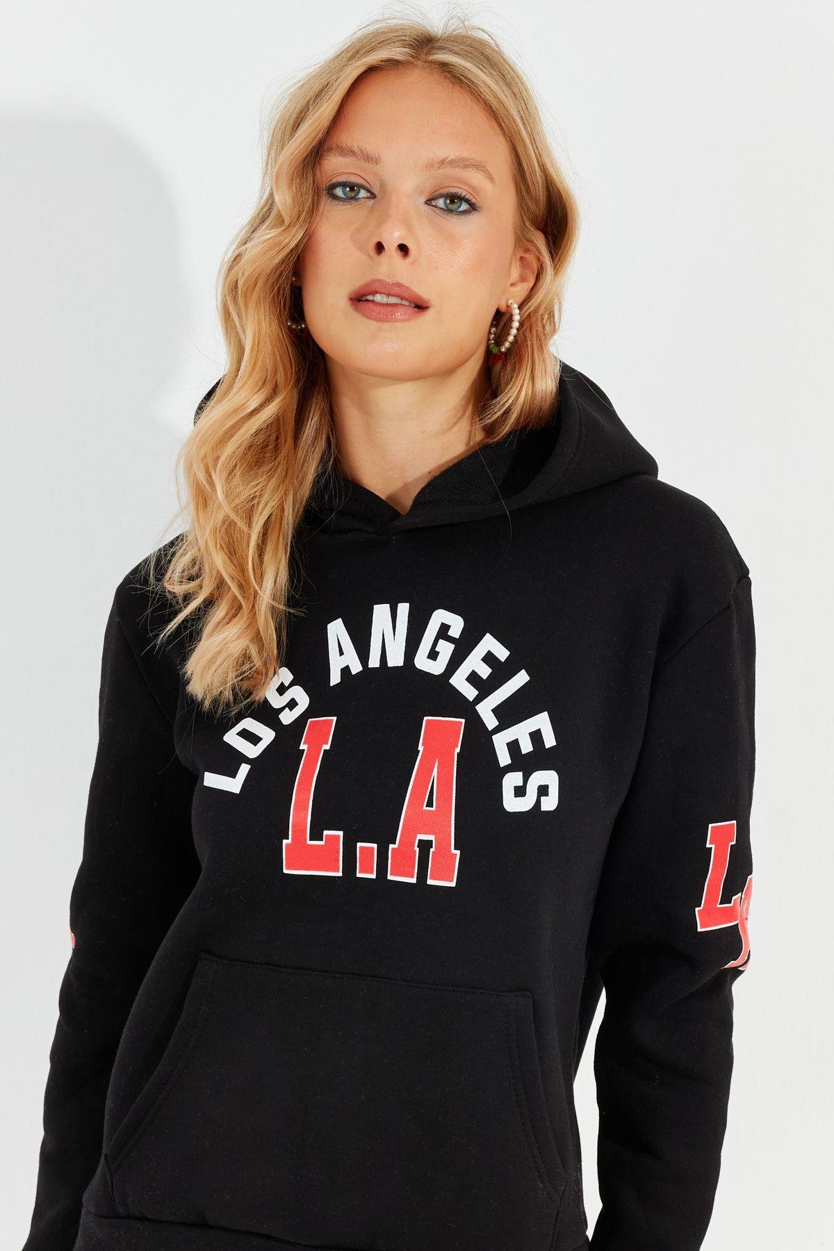 Kadın Ekru Baskılı Kapüşonlu Sweatshirt DA146