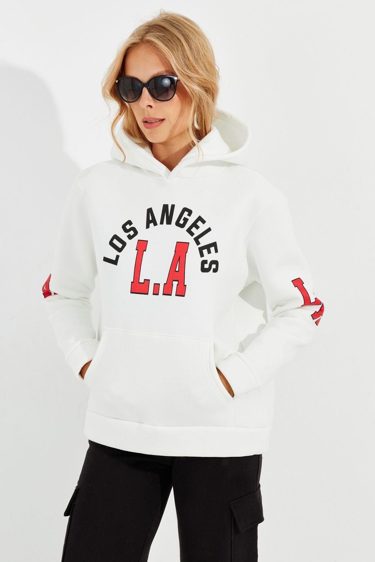 Kadın Ekru Baskılı Kapüşonlu Sweatshirt DA146