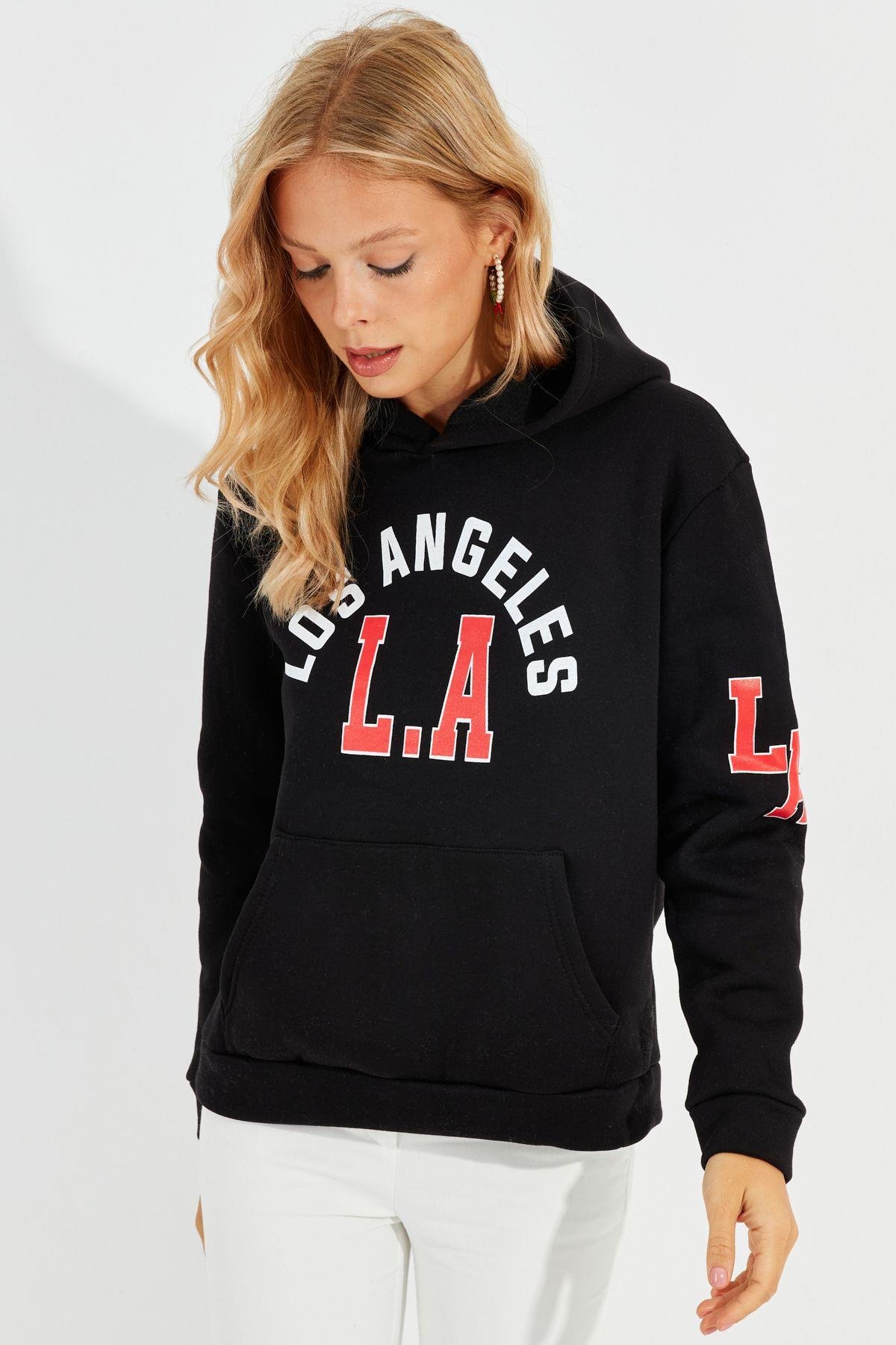 Kadın Ekru Baskılı Kapüşonlu Sweatshirt DA146