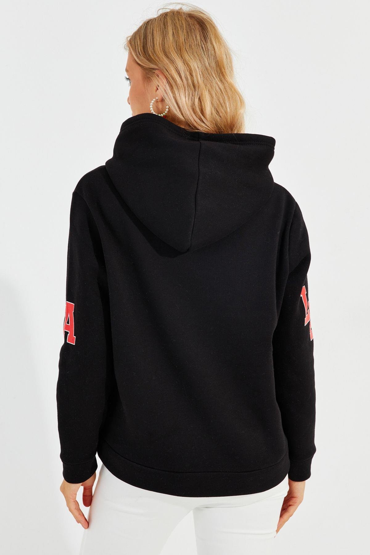 Kadın Ekru Baskılı Kapüşonlu Sweatshirt DA146