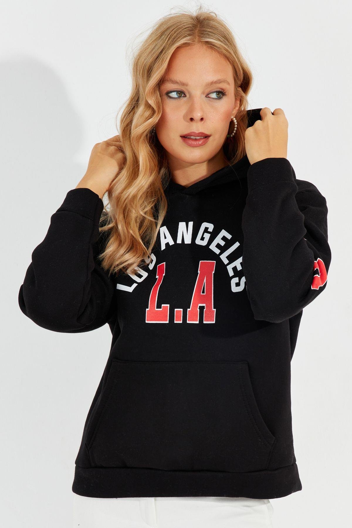 Kadın Ekru Baskılı Kapüşonlu Sweatshirt DA146