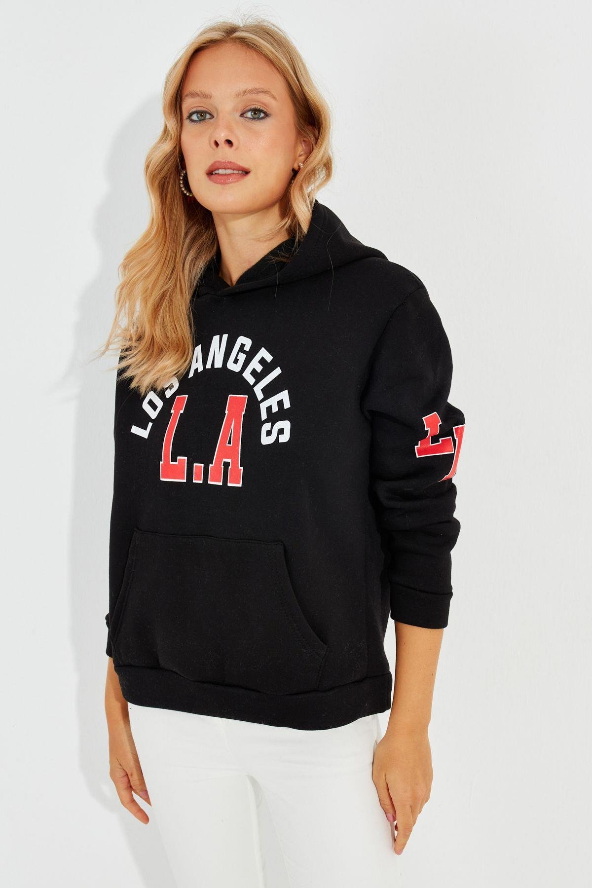 Kadın Ekru Baskılı Kapüşonlu Sweatshirt DA146