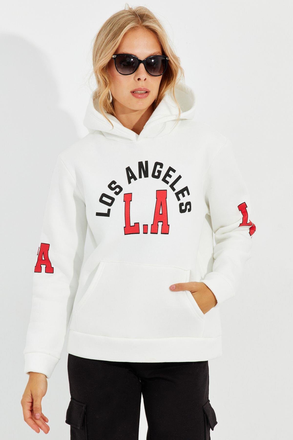 Kadın Ekru Baskılı Kapüşonlu Sweatshirt DA146