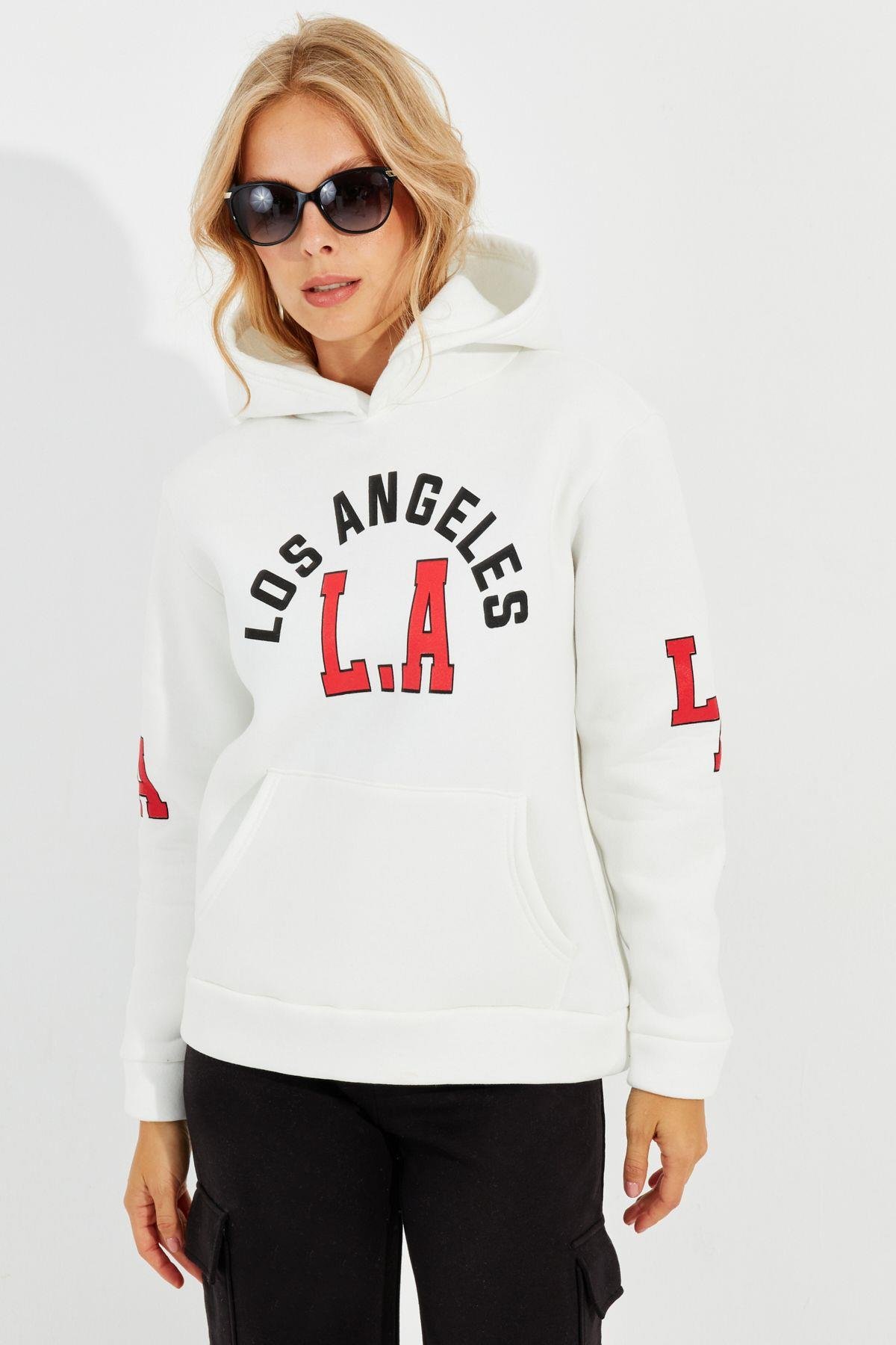 Kadın Ekru Baskılı Kapüşonlu Sweatshirt DA146