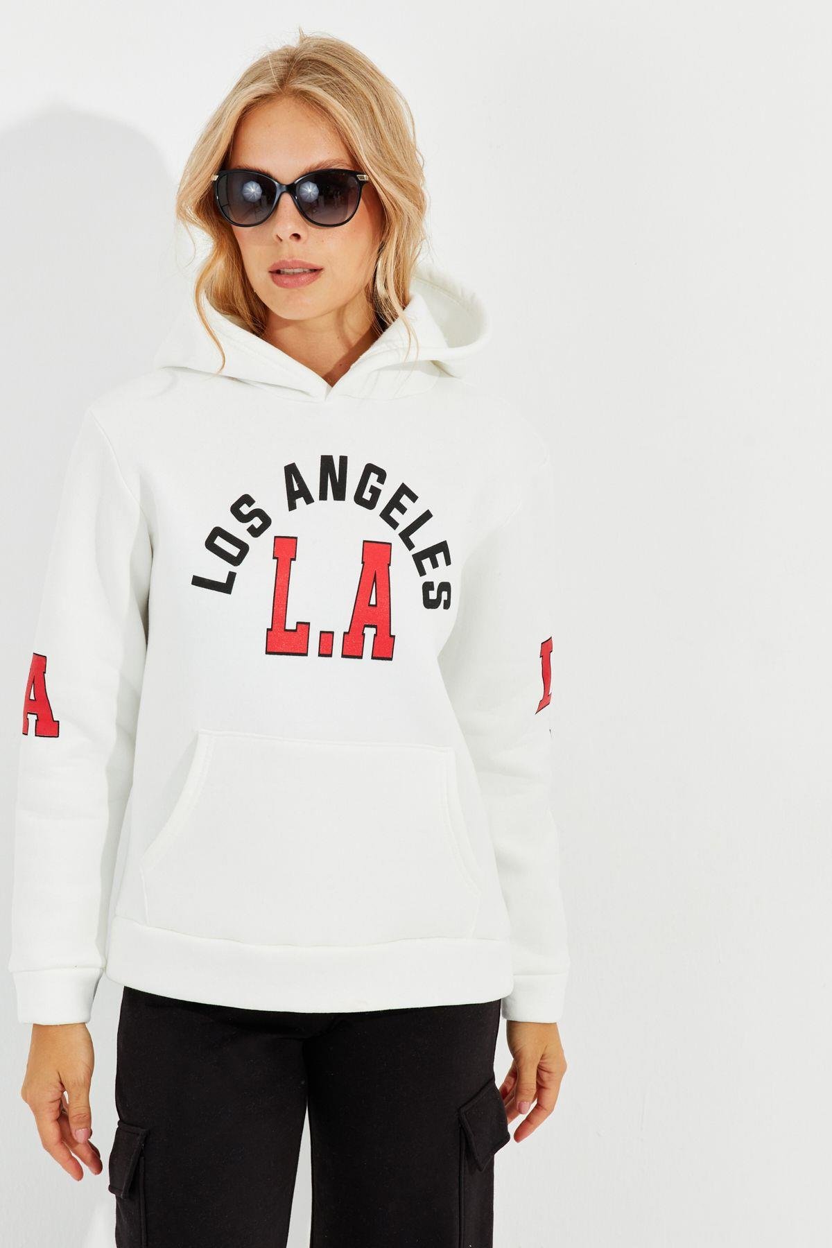 Kadın Ekru Baskılı Kapüşonlu Sweatshirt DA146