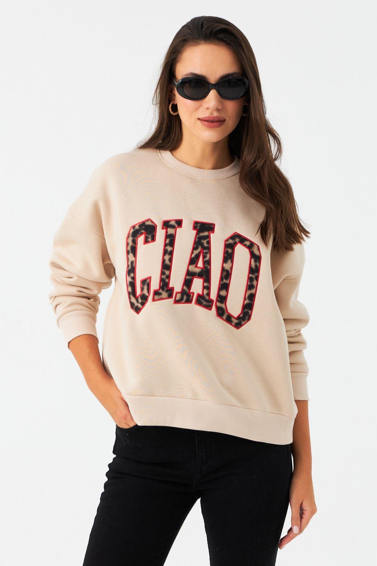 Kadın Ekru Baskılı Sweatshirt MPP6429