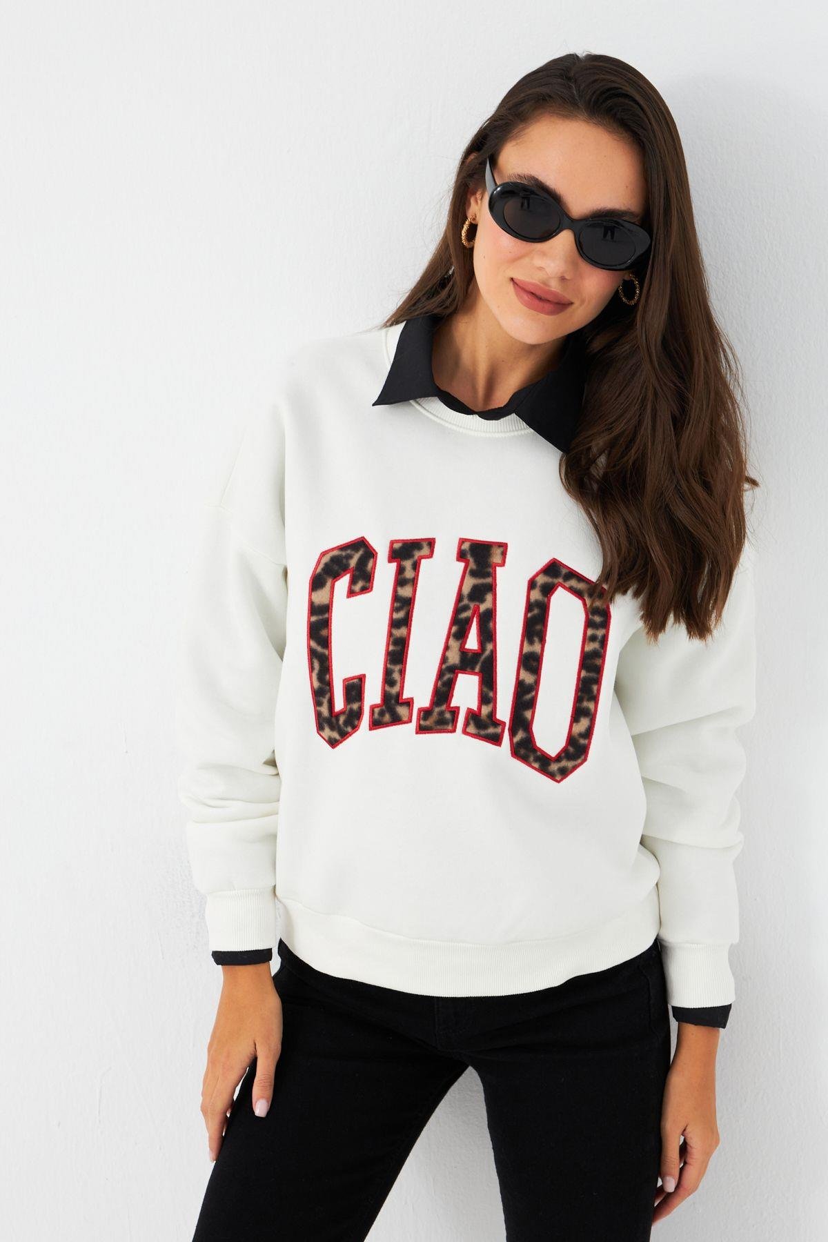 Kadın Ekru Baskılı Sweatshirt MPP6429