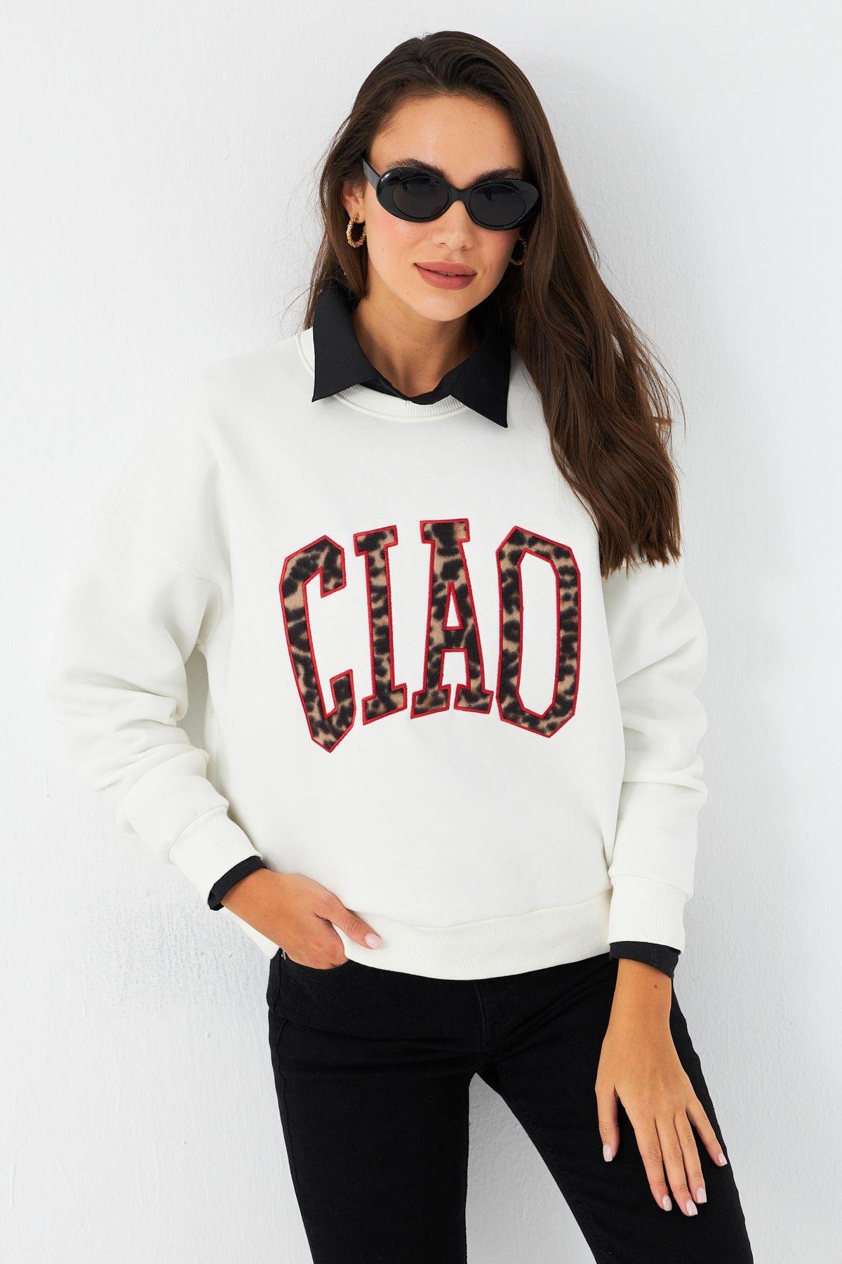 Kadın Ekru Baskılı Sweatshirt MPP6429