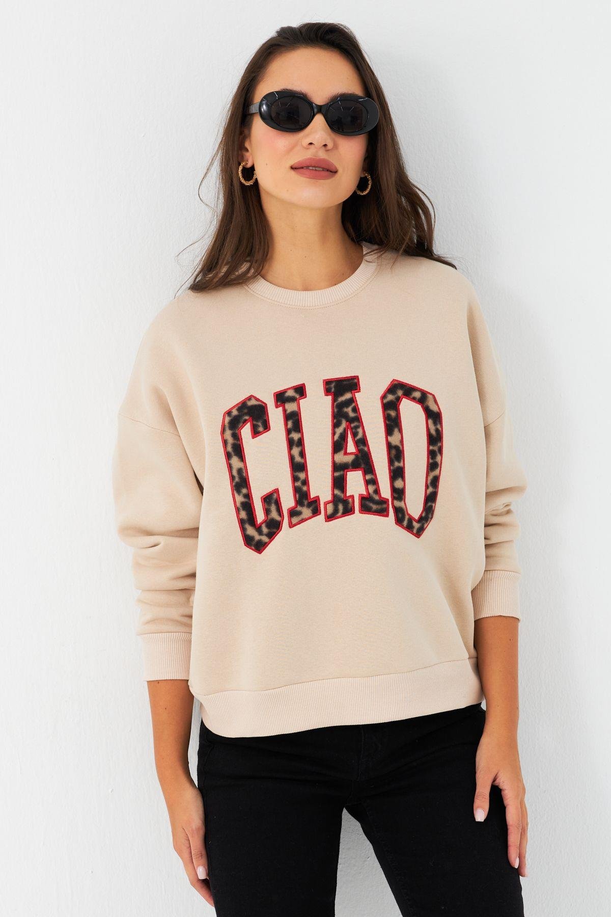 Kadın Ekru Baskılı Sweatshirt MPP6429