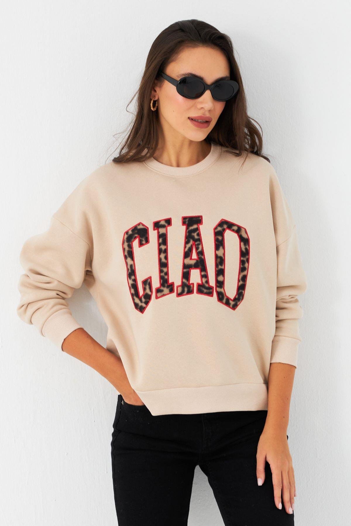 Kadın Ekru Baskılı Sweatshirt MPP6429