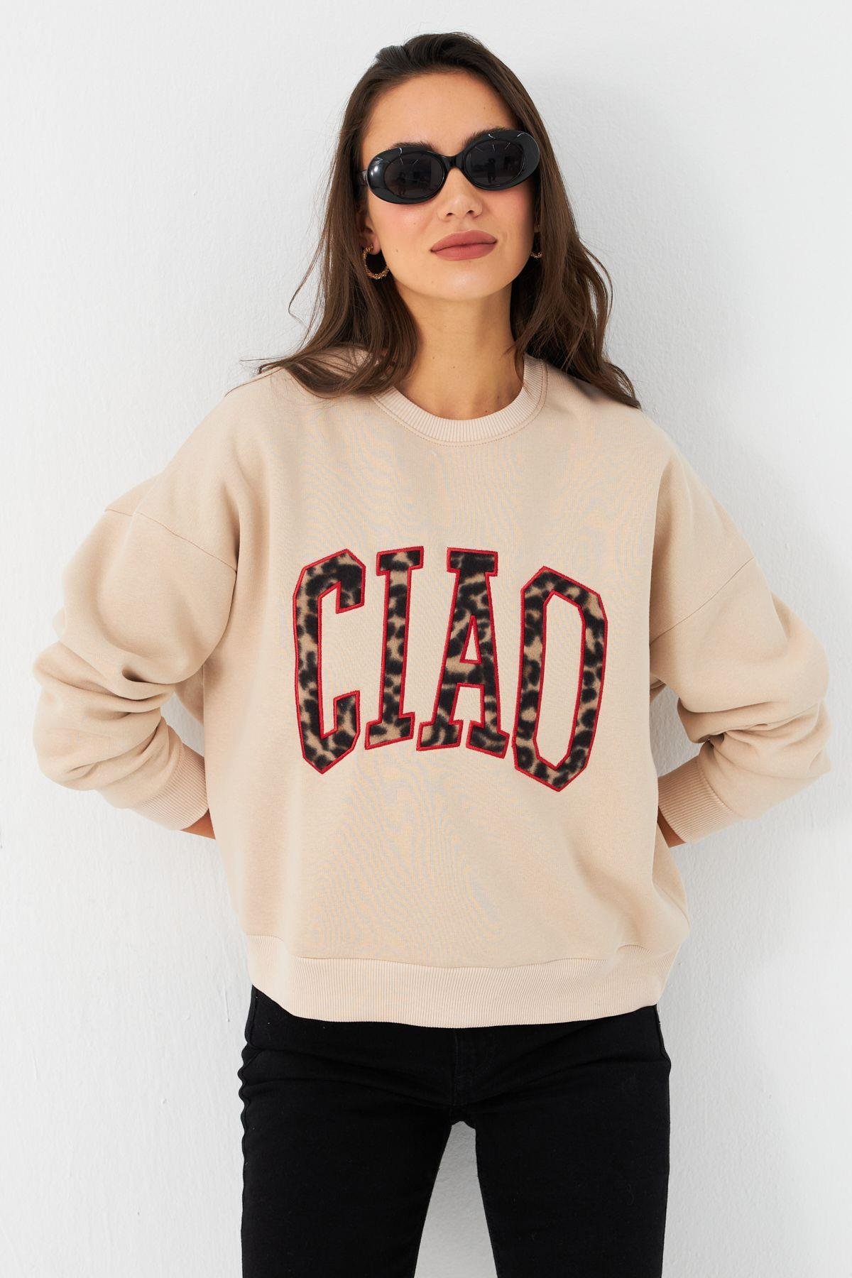 Kadın Ekru Baskılı Sweatshirt MPP6429