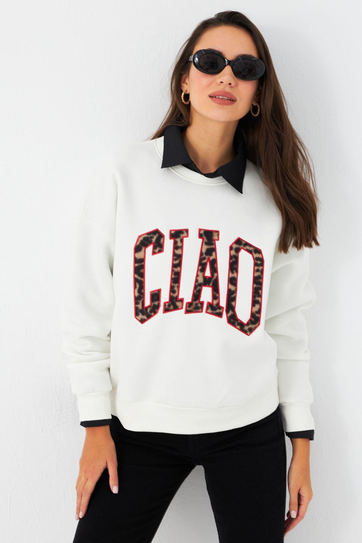 Kadın Ekru Baskılı Sweatshirt MPP6429