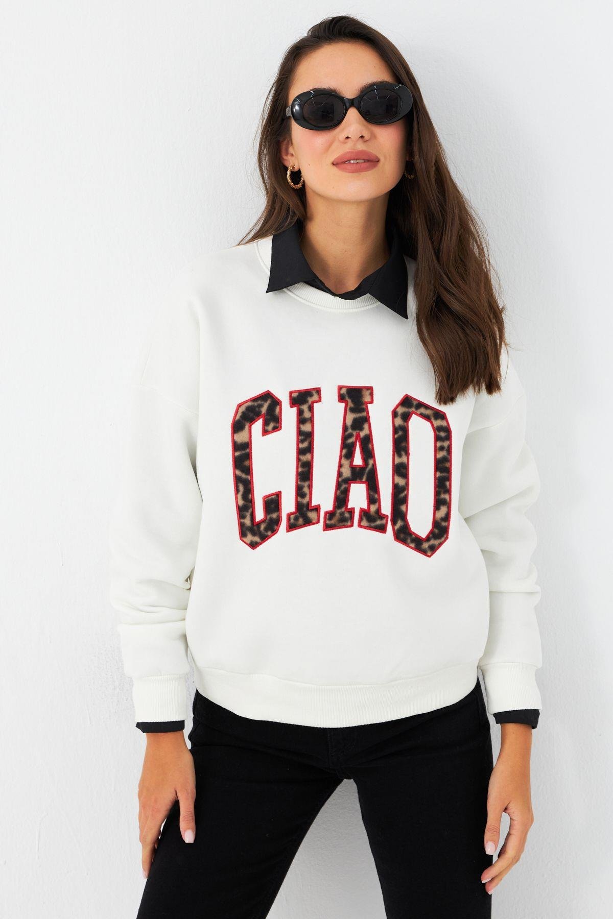 Kadın Ekru Baskılı Sweatshirt MPP6429