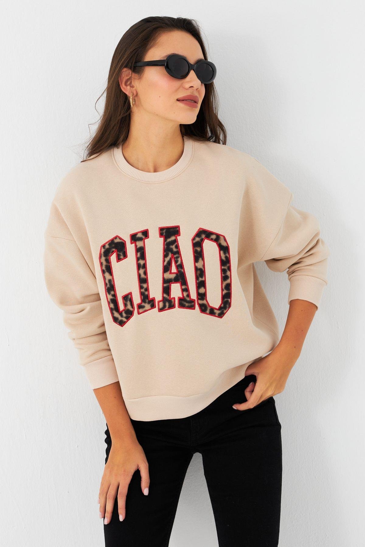 Kadın Ekru Baskılı Sweatshirt MPP6429