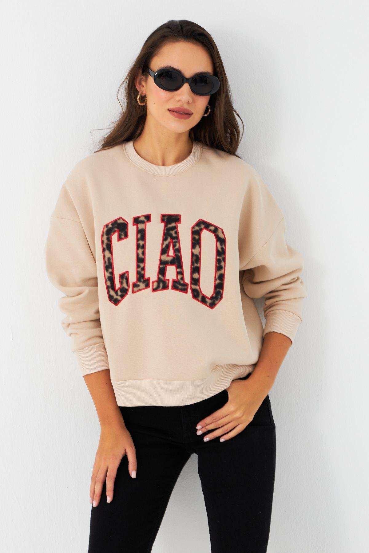 Kadın Ekru Baskılı Sweatshirt MPP6429