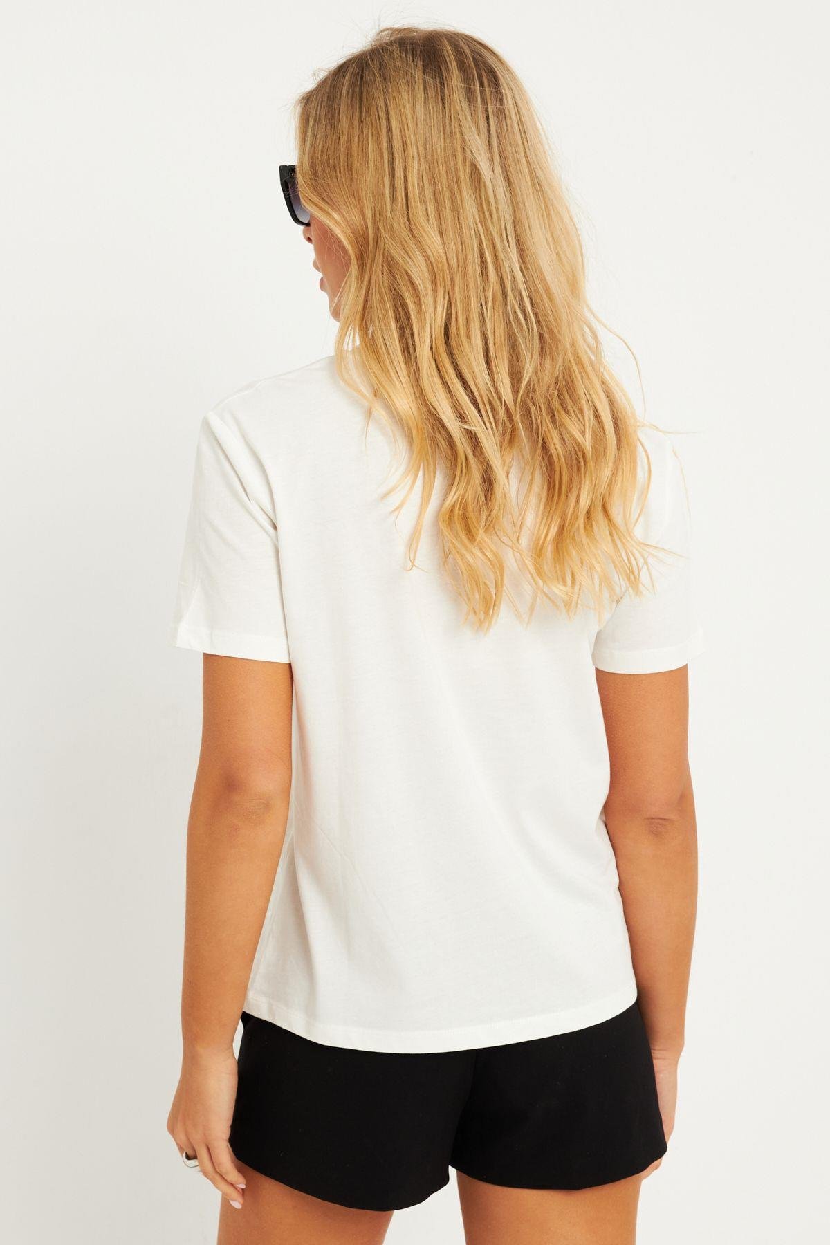 Kadın Ekru Baskılı T-Shirt AYD322