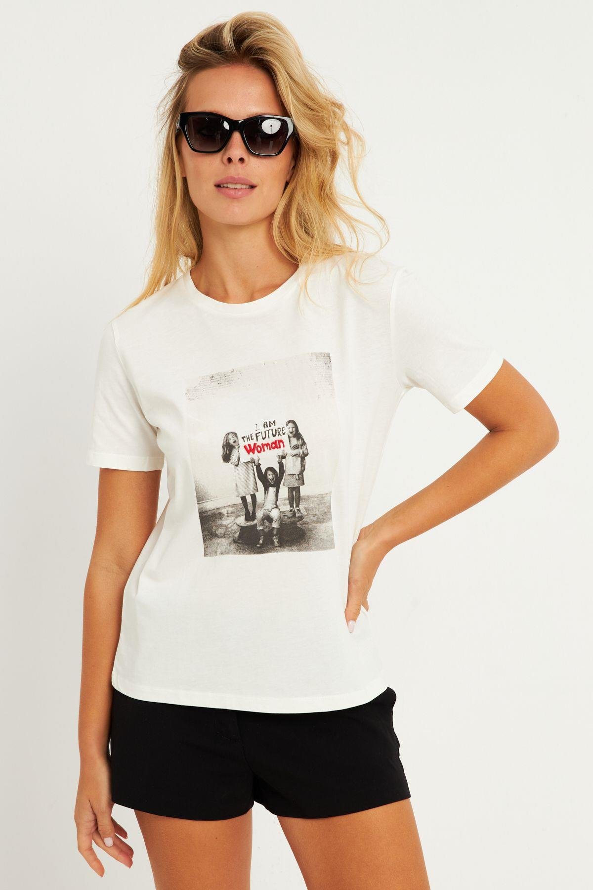 Kadın Ekru Baskılı T-Shirt AYD322