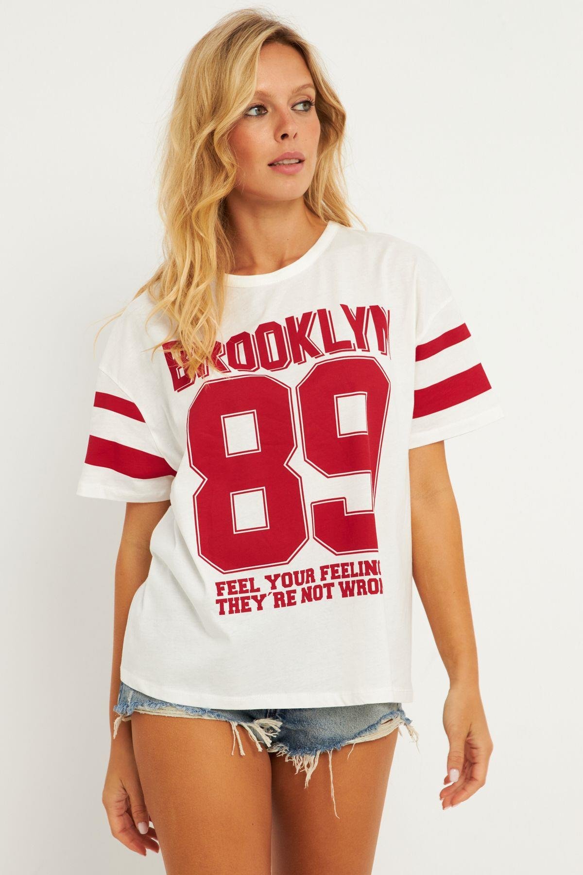 Kadın Ekru Baskılı T-Shirt AYD323