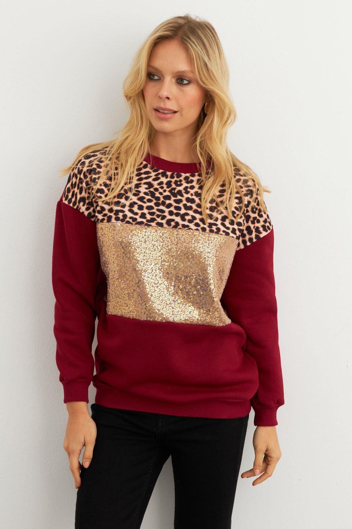 Kadın Ekru Bloklu Sweatshirt MST098