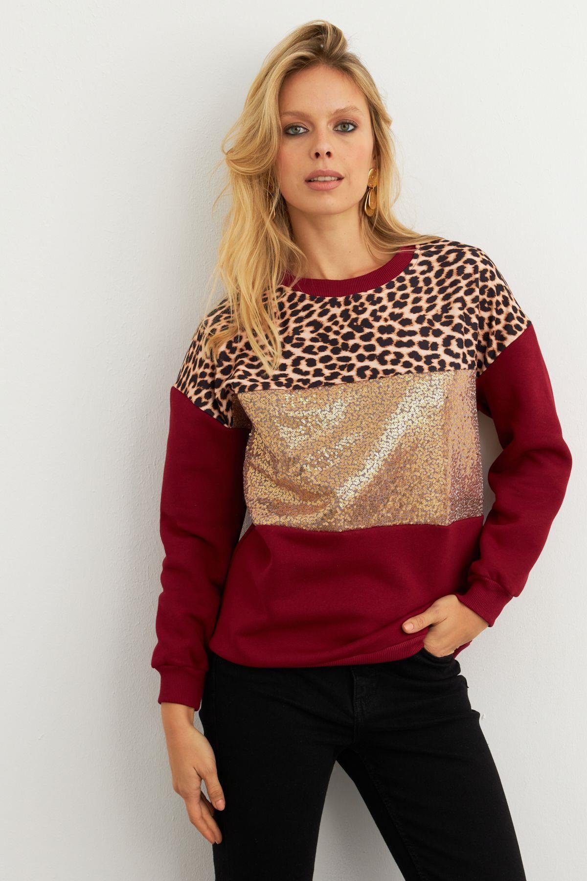 Kadın Ekru Bloklu Sweatshirt MST098