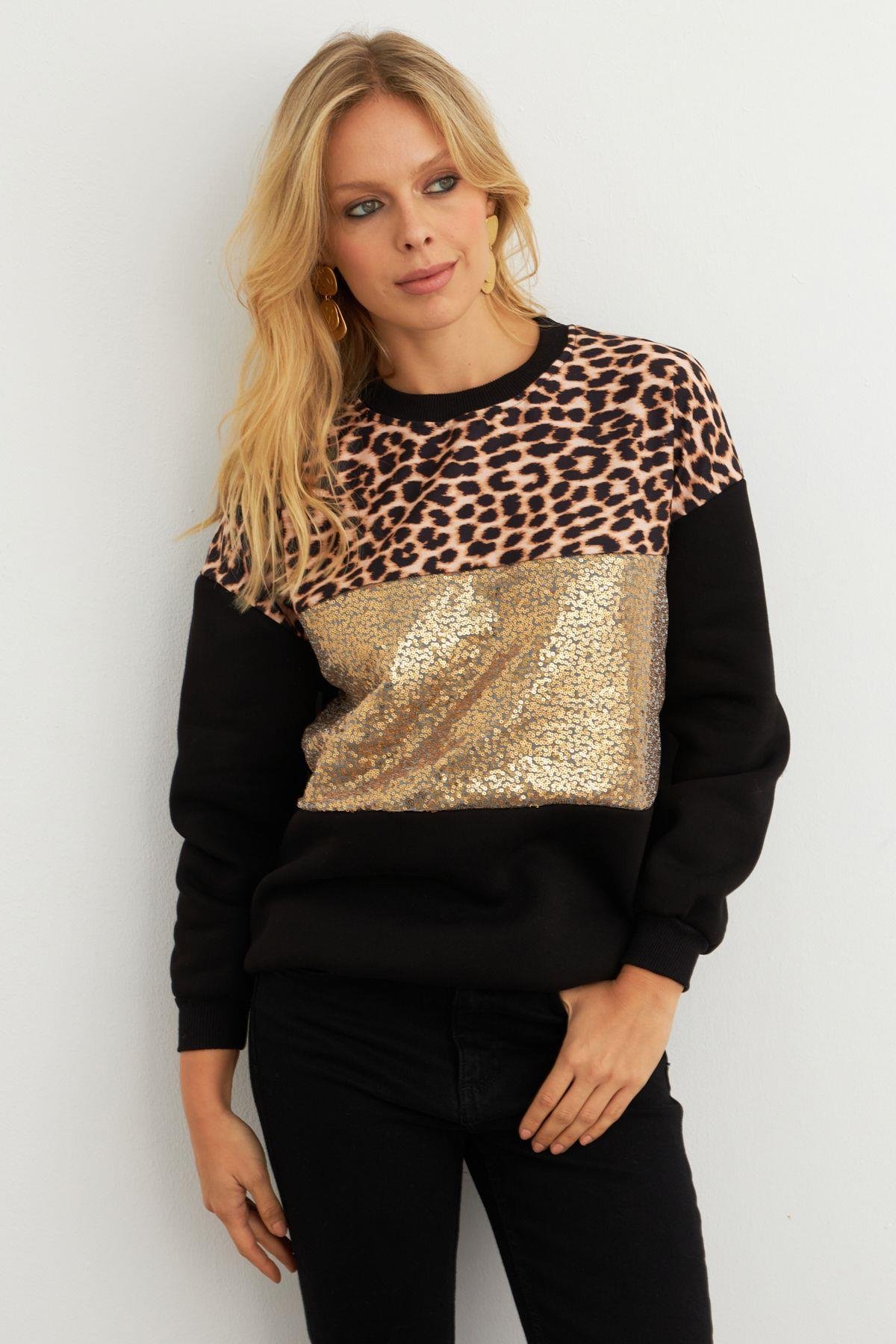 Kadın Ekru Bloklu Sweatshirt MST098