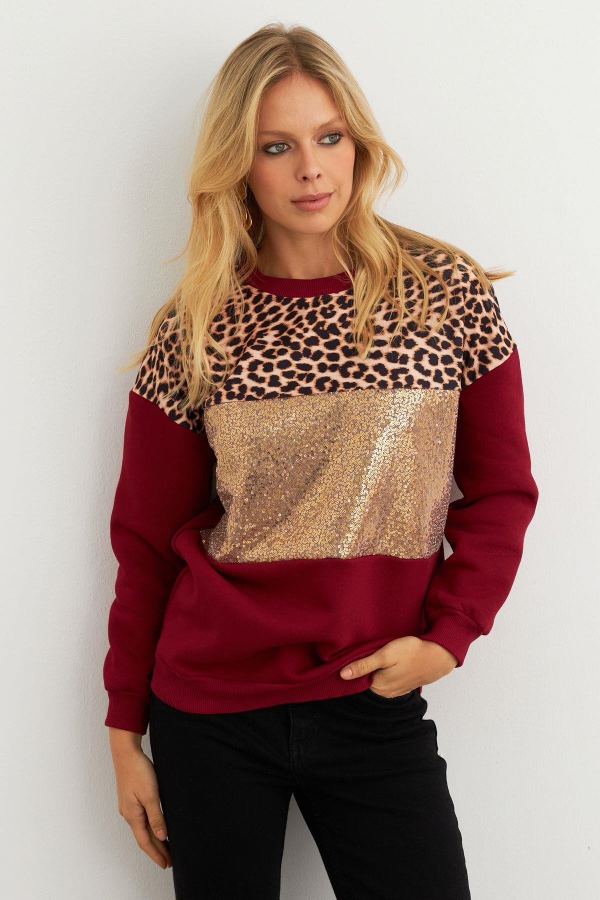 Kadın Ekru Bloklu Sweatshirt MST098