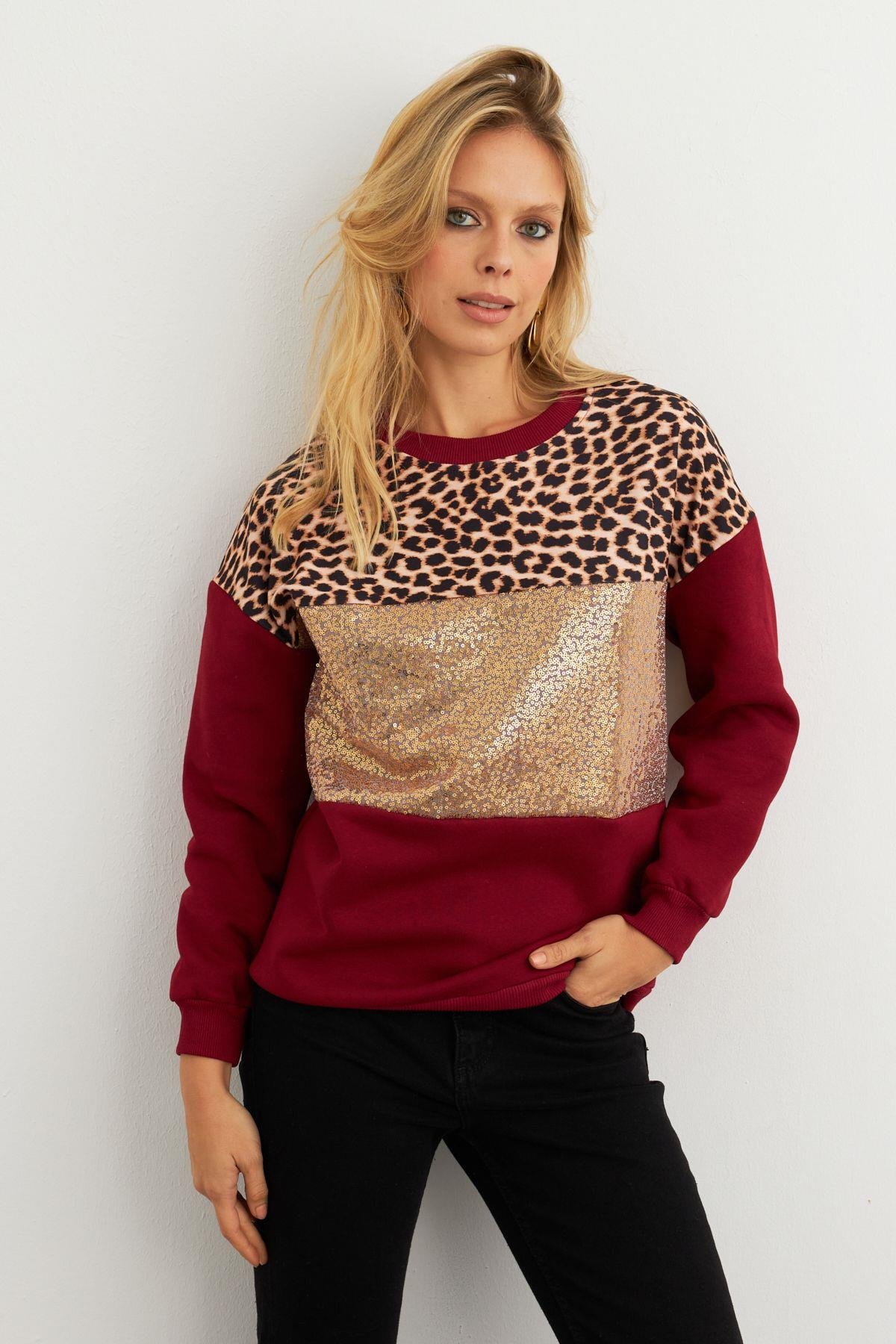 Kadın Ekru Bloklu Sweatshirt MST098