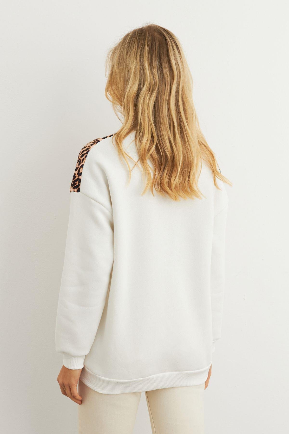 Kadın Ekru Bloklu Sweatshirt MST098
