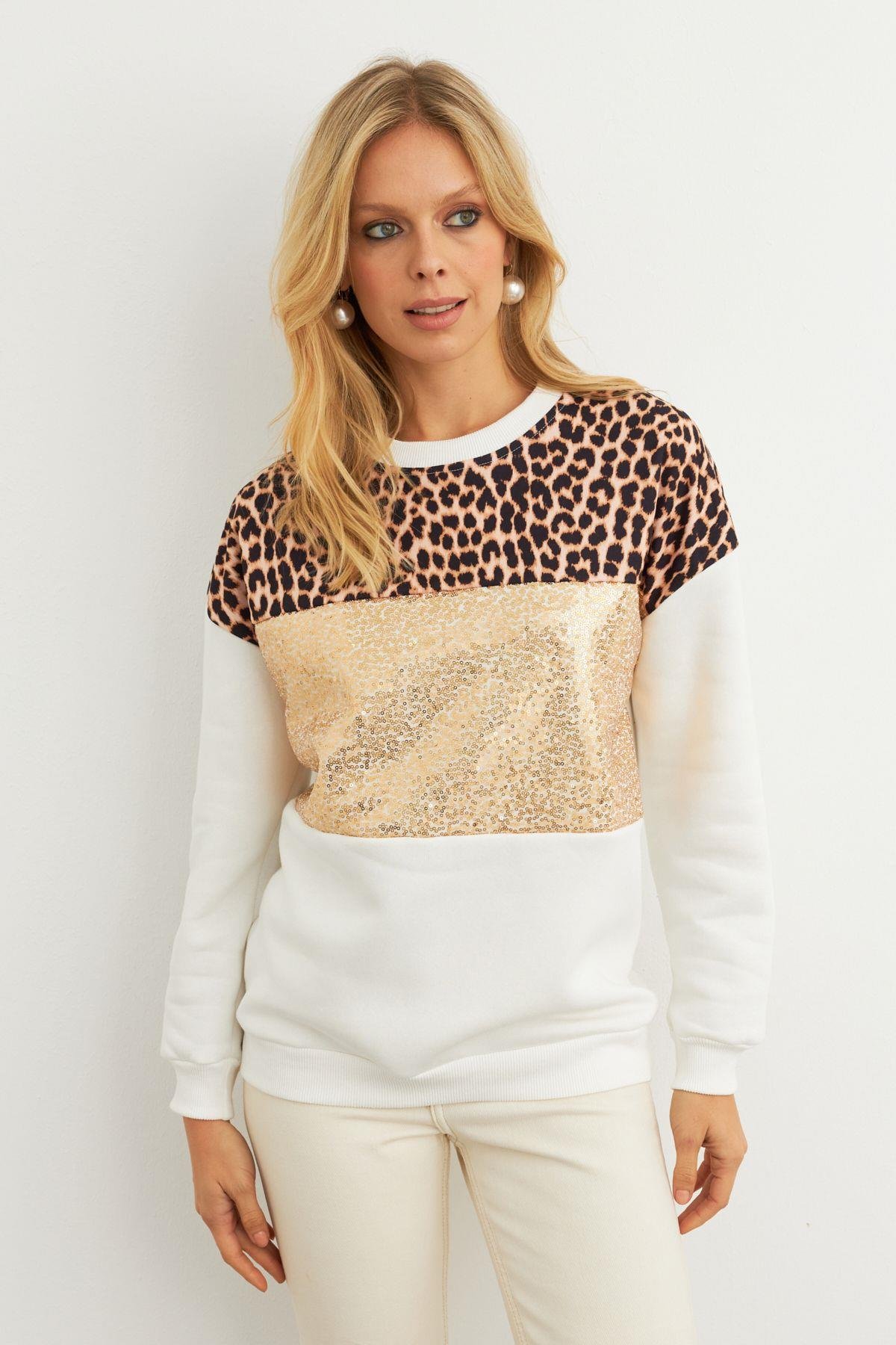Kadın Ekru Bloklu Sweatshirt MST098
