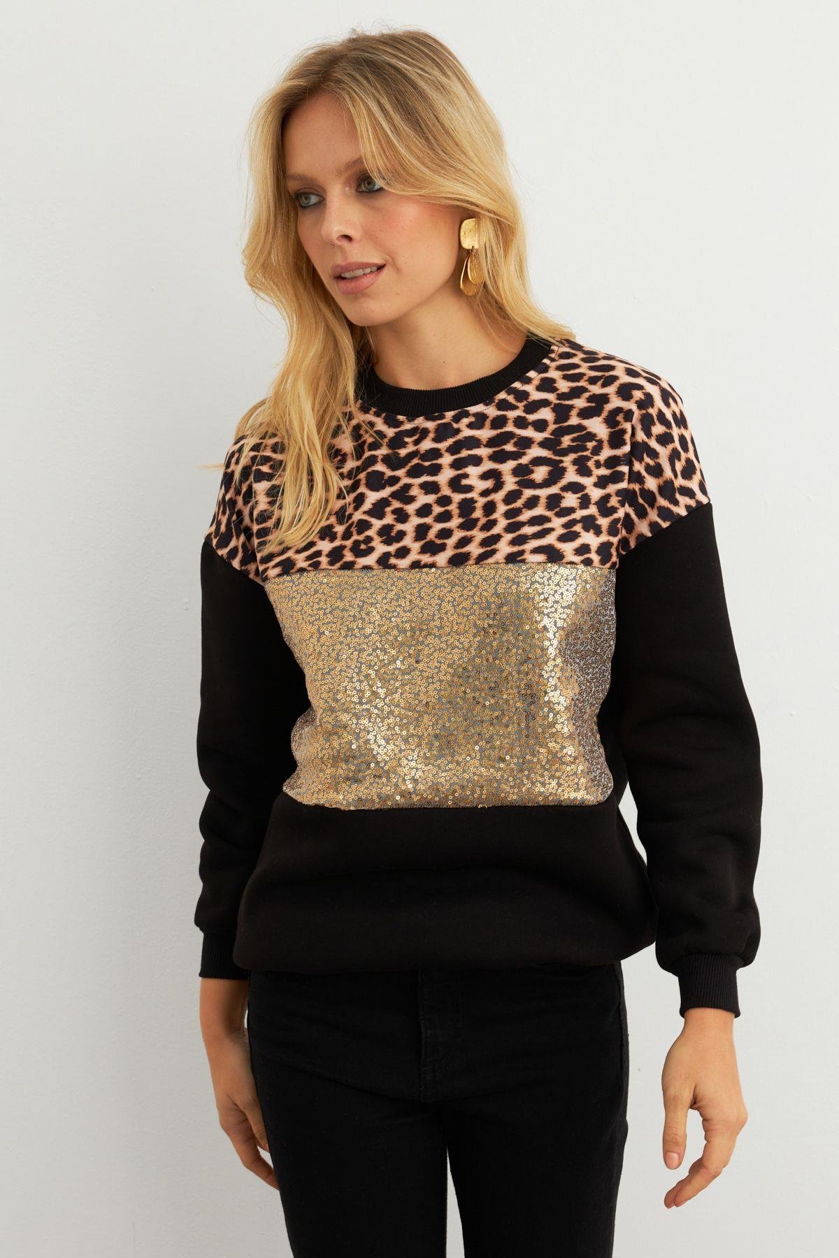 Kadın Ekru Bloklu Sweatshirt MST098