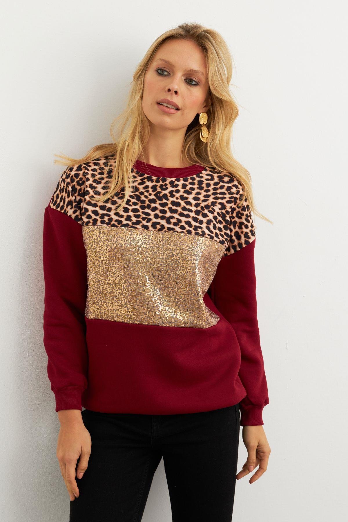 Kadın Ekru Bloklu Sweatshirt MST098