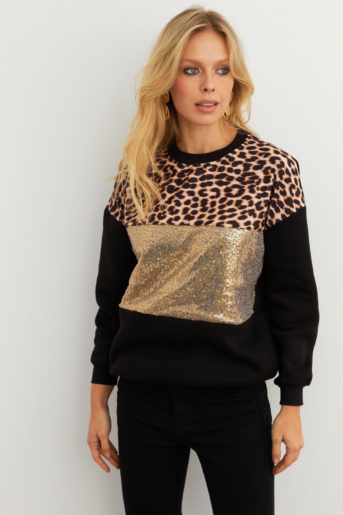 Kadın Ekru Bloklu Sweatshirt MST098