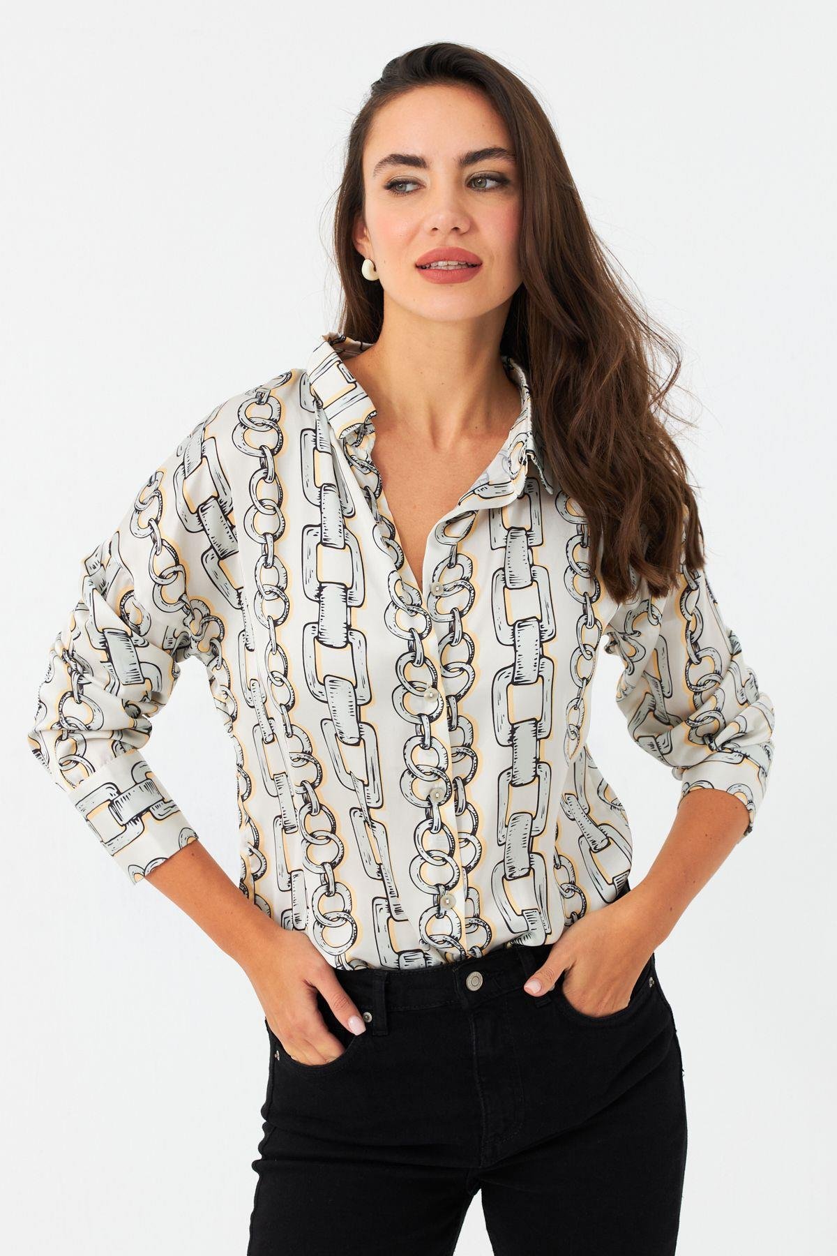 Kadın Ekru-Kahve Çizgili Saten Gömlek SHR9