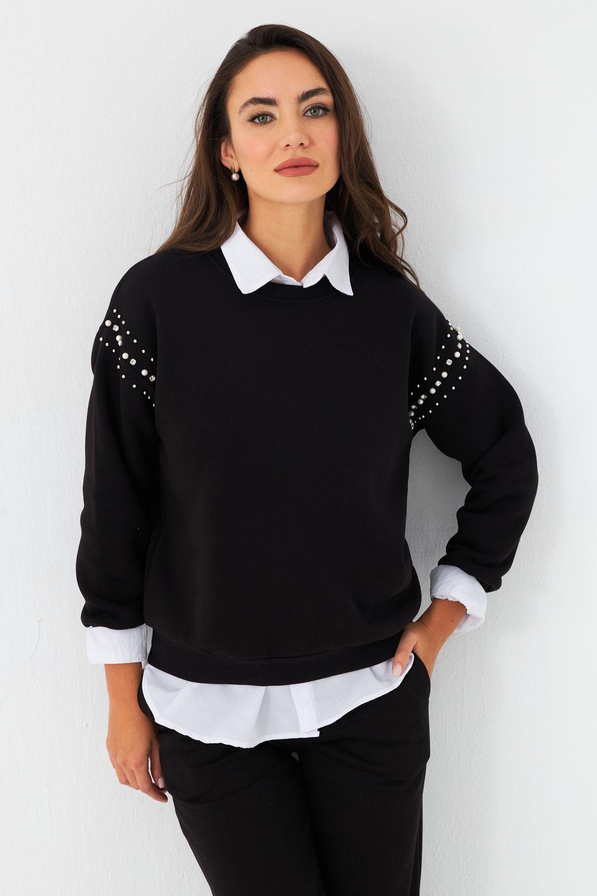 Kadın Ekru Omuzları İnci Detaylı Sweatshirt DY1424