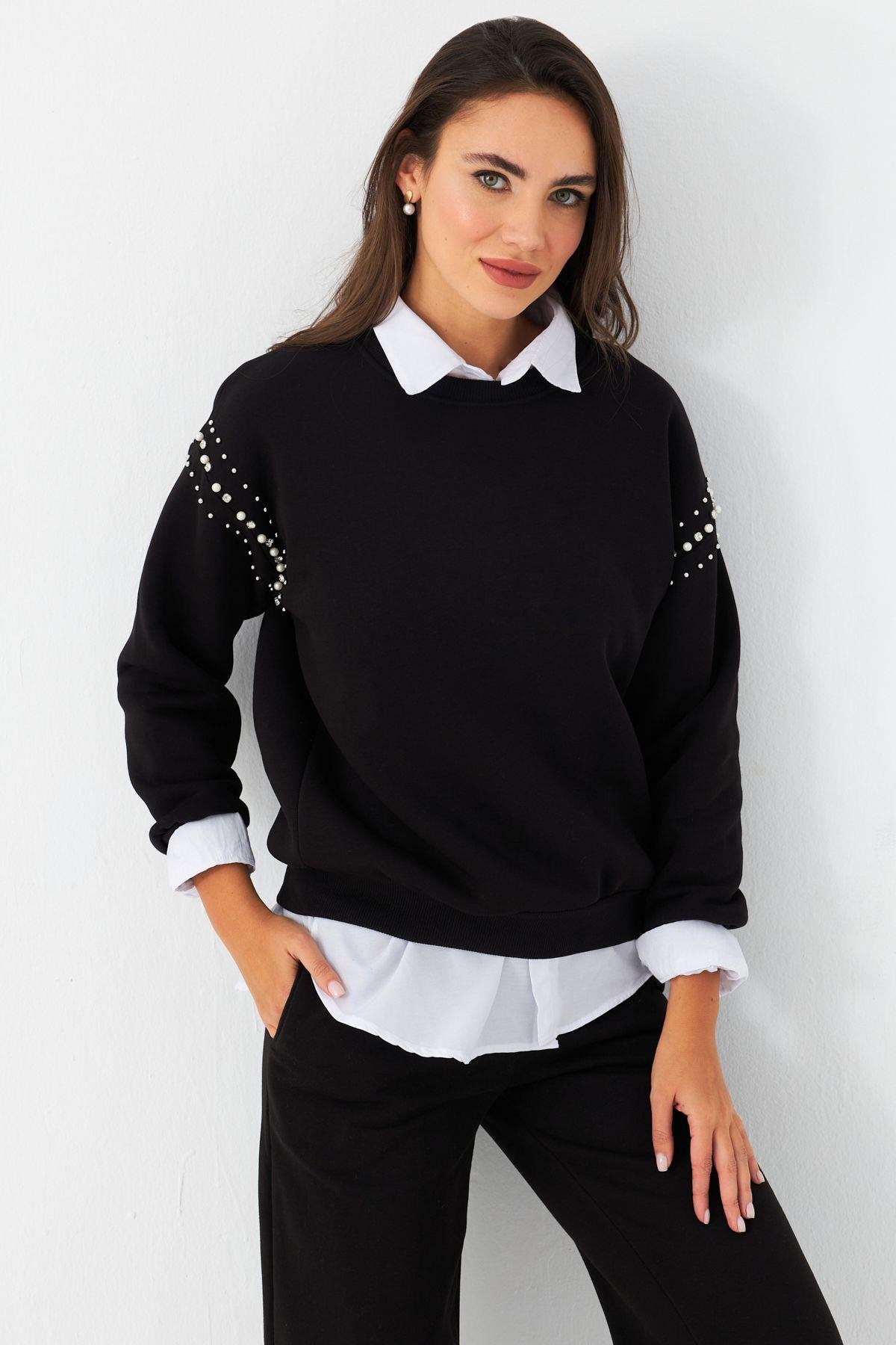 Kadın Ekru Omuzları İnci Detaylı Sweatshirt DY1424