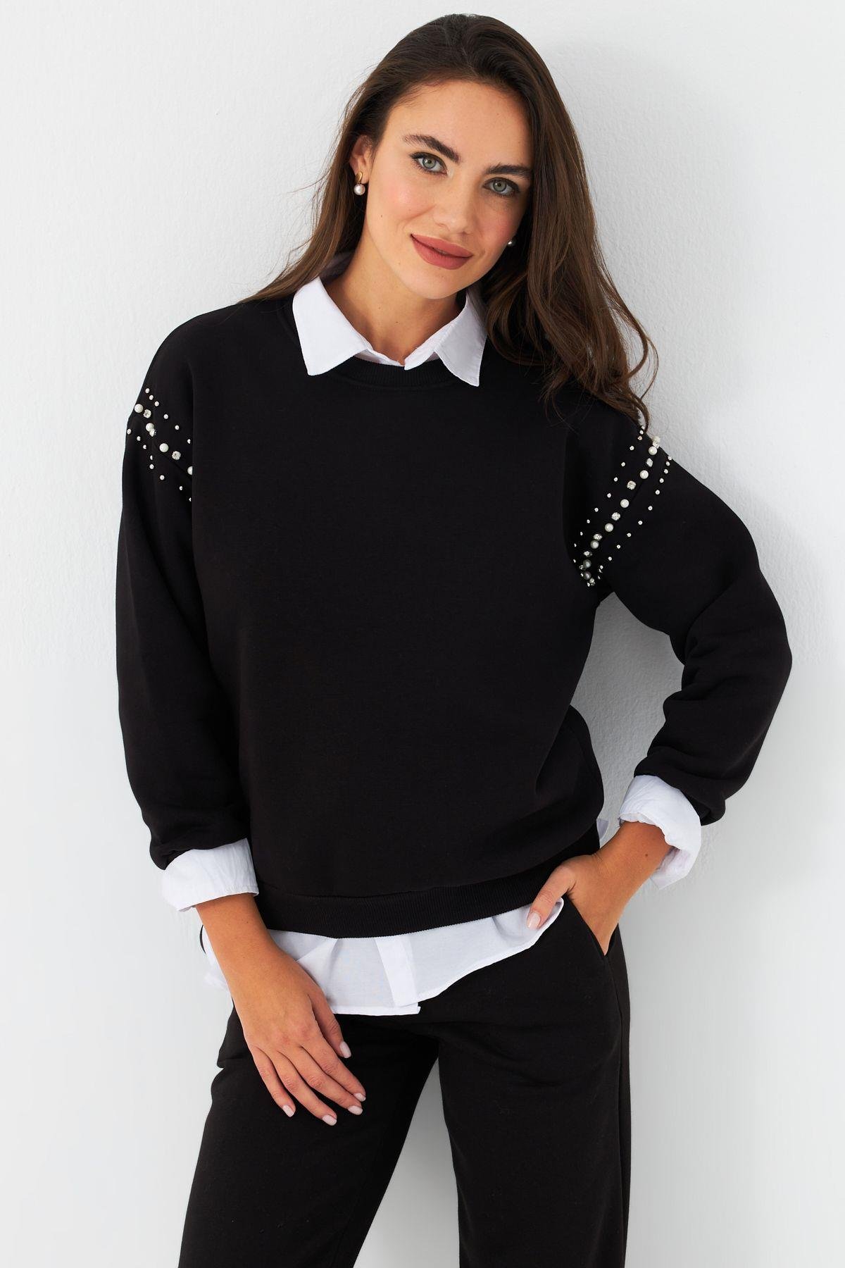 Kadın Ekru Omuzları İnci Detaylı Sweatshirt DY1424