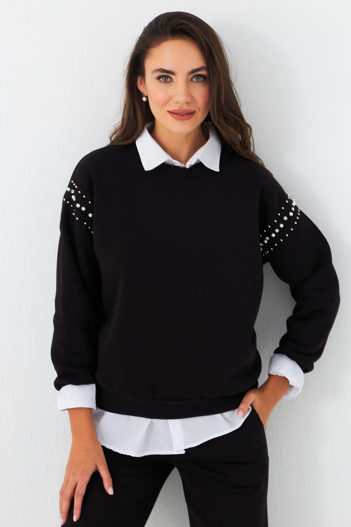 Kadın Ekru Omuzları İnci Detaylı Sweatshirt DY1424