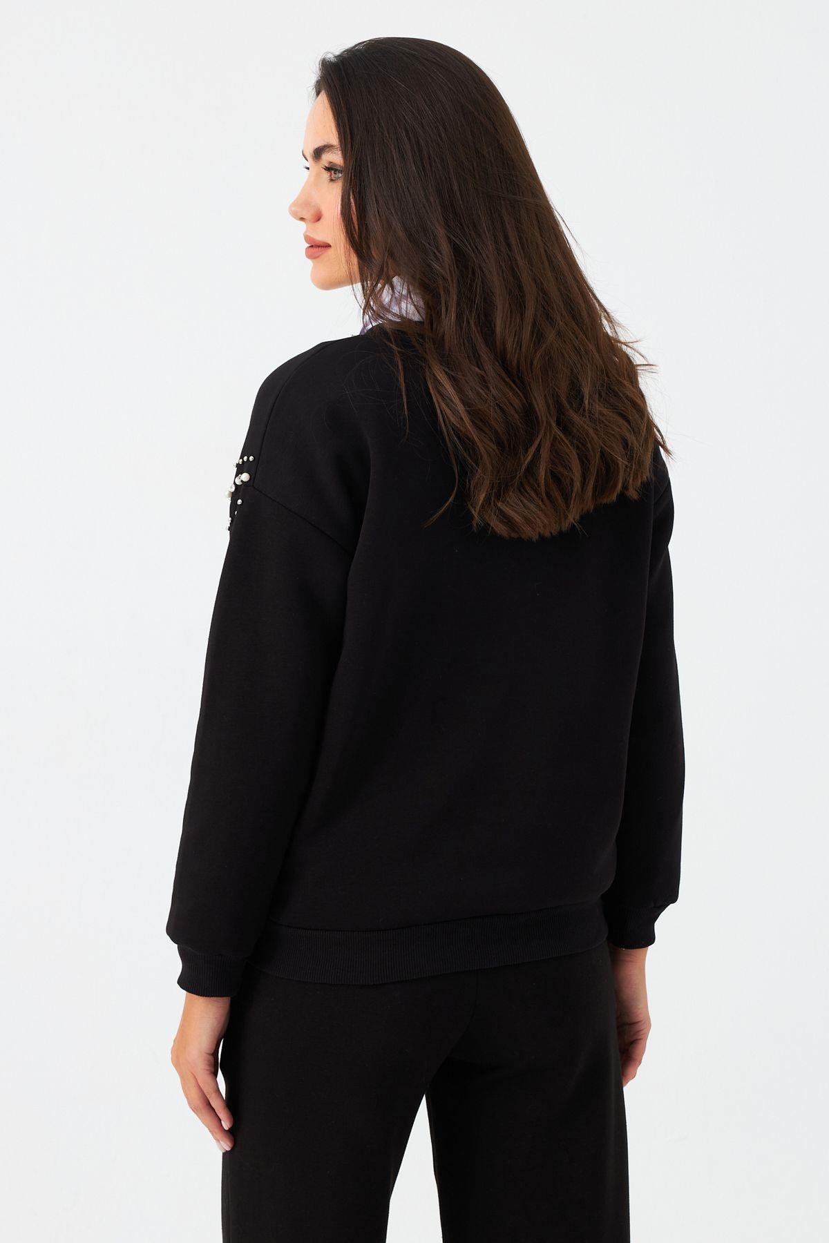 Kadın Ekru Omuzları İnci Detaylı Sweatshirt DY1424