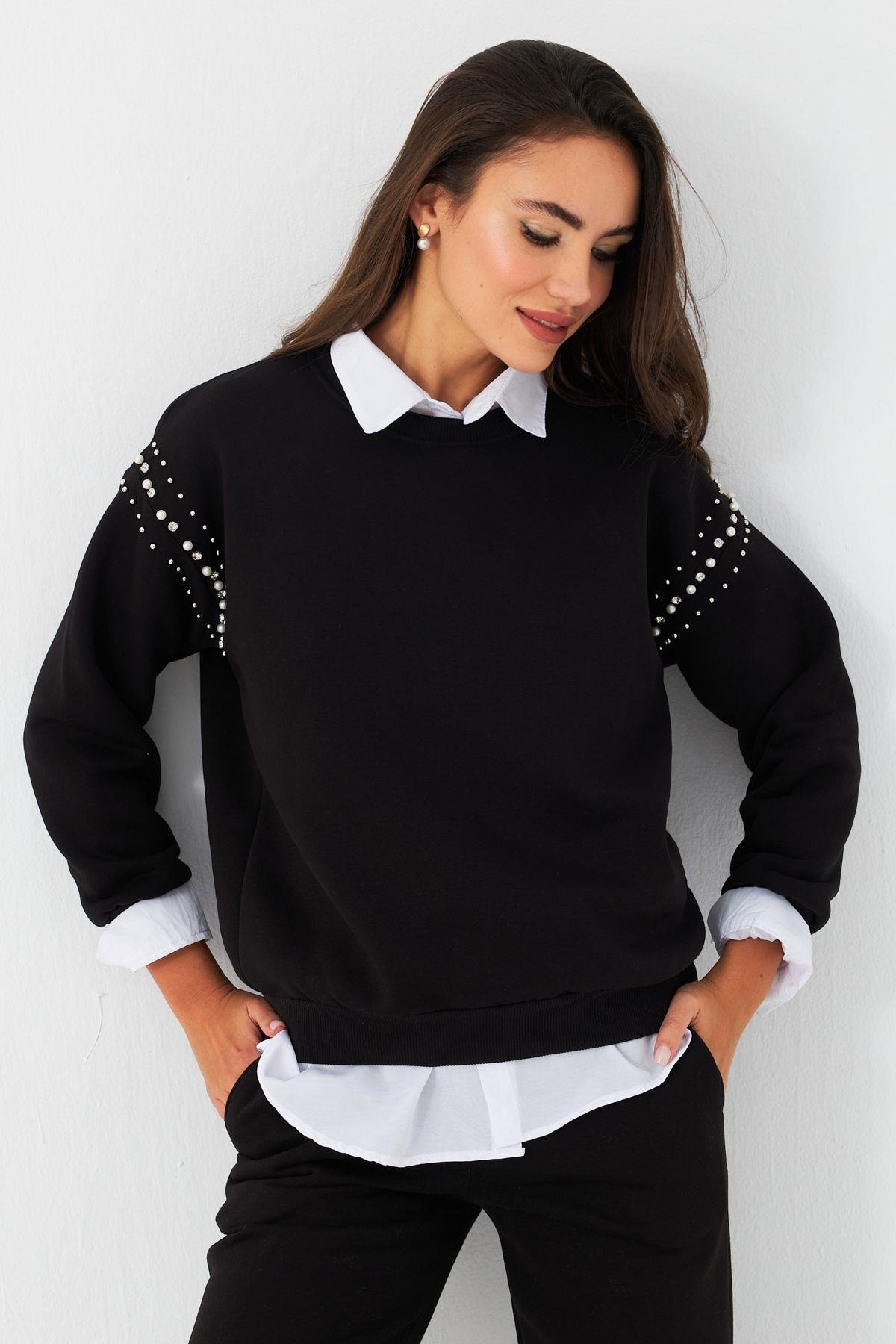 Kadın Ekru Omuzları İnci Detaylı Sweatshirt DY1424