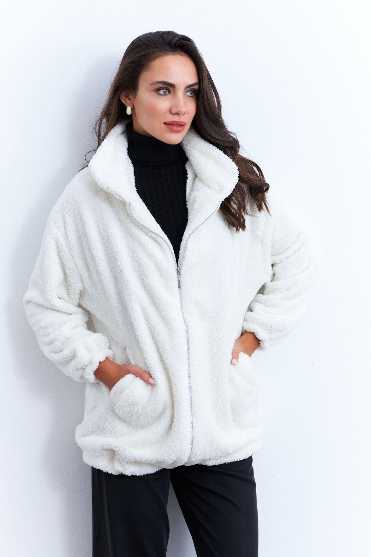 Kadın Ekru Peluş Mont LYT58